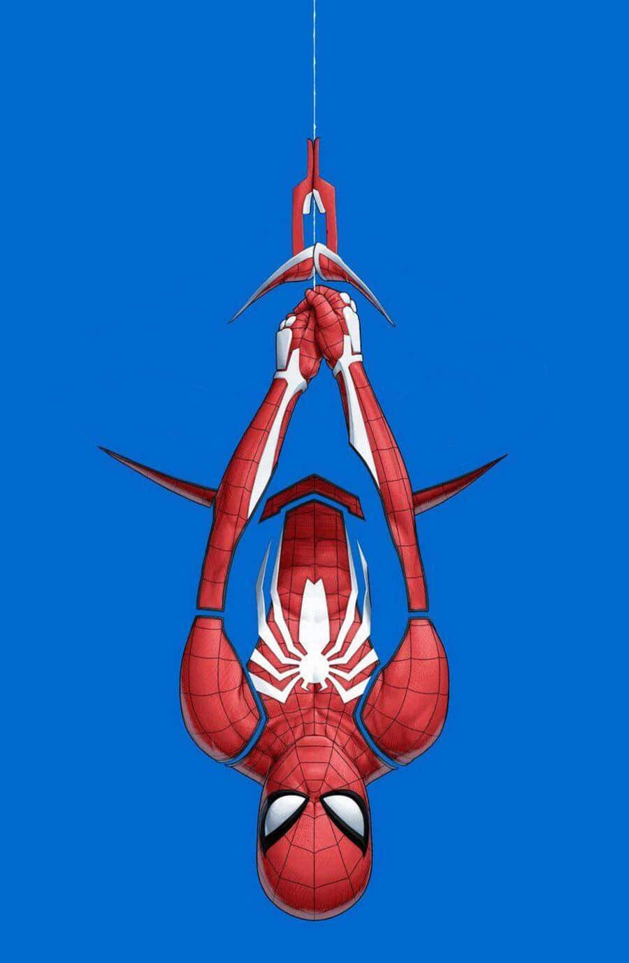 Spider-geddon 桌布 壁紙 — 蜘蛛人倒掛在純藍色背景上，雙手抓住蜘蛛絲。