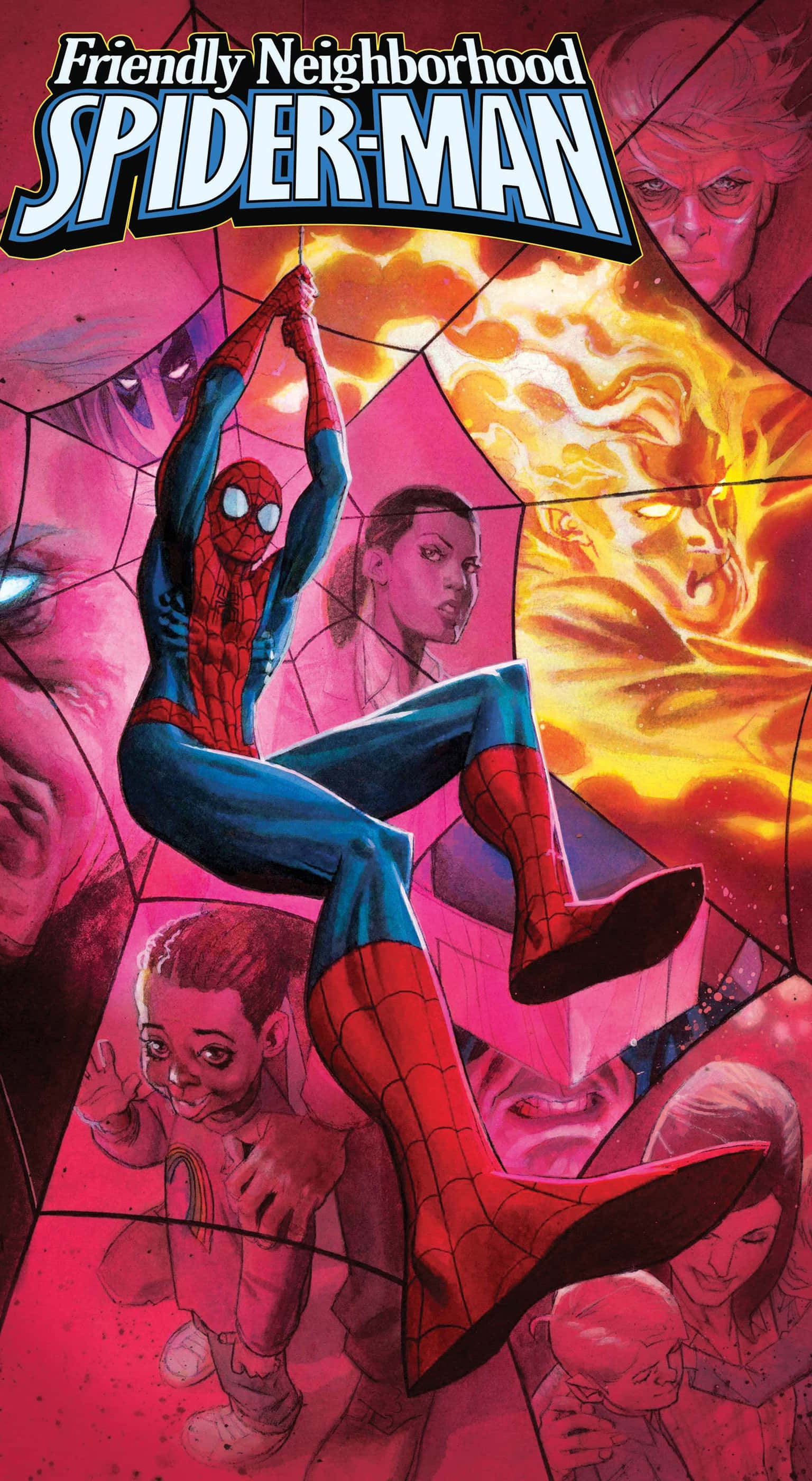 Friendly Neighborhood Spider-man 桌布 壁紙 — 蜘蛛人動態地擺盪穿過一個充滿強烈面孔的碎裂粉紅色和橙色漫畫面板。