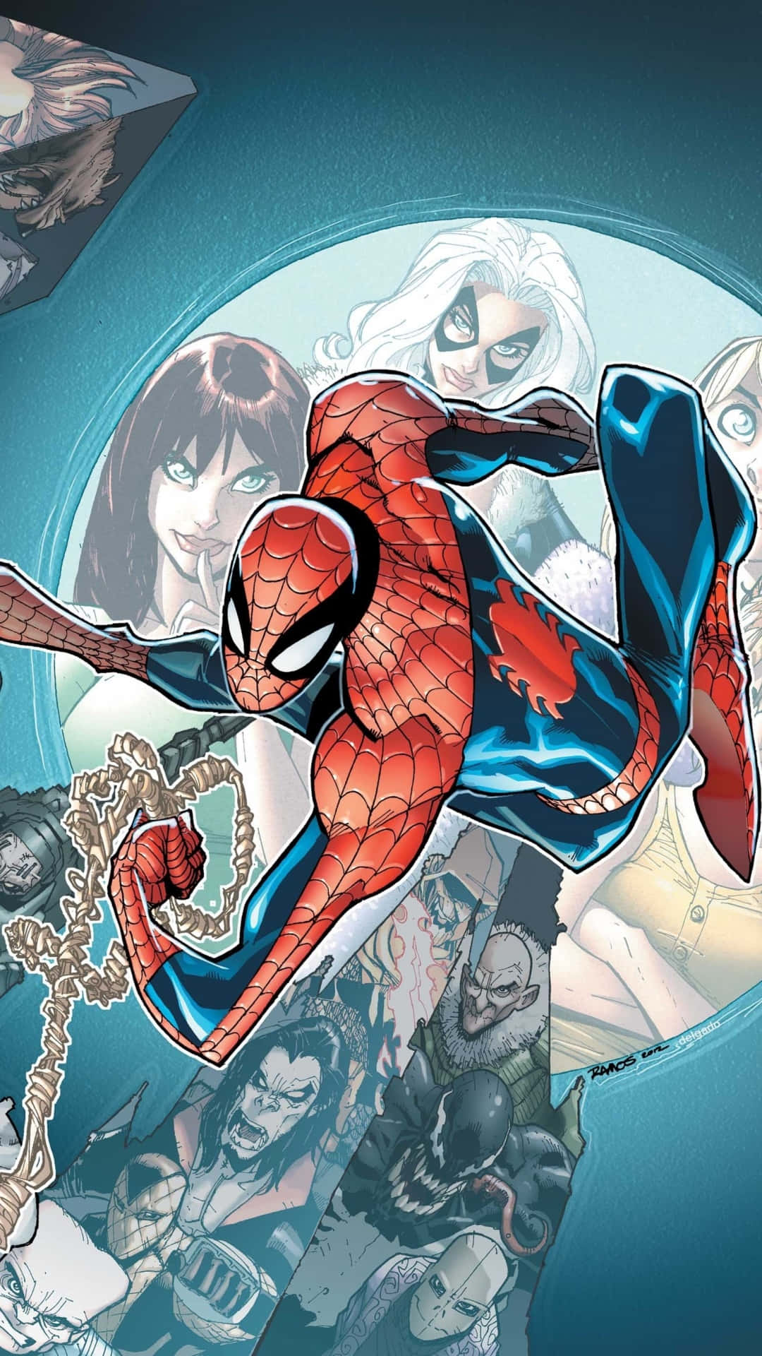 Spider Man Comic 桌布 壁紙 — 蜘蛛人動態地擺盪穿過一個青綠色的隧道，周圍是漫畫格中的反派和盟友。