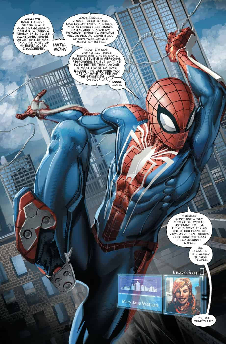 Spider-geddon 桌布 壁紙 — 蜘蛛人動態地穿梭於摩天大樓和漫畫對話氣泡的城市景觀中。