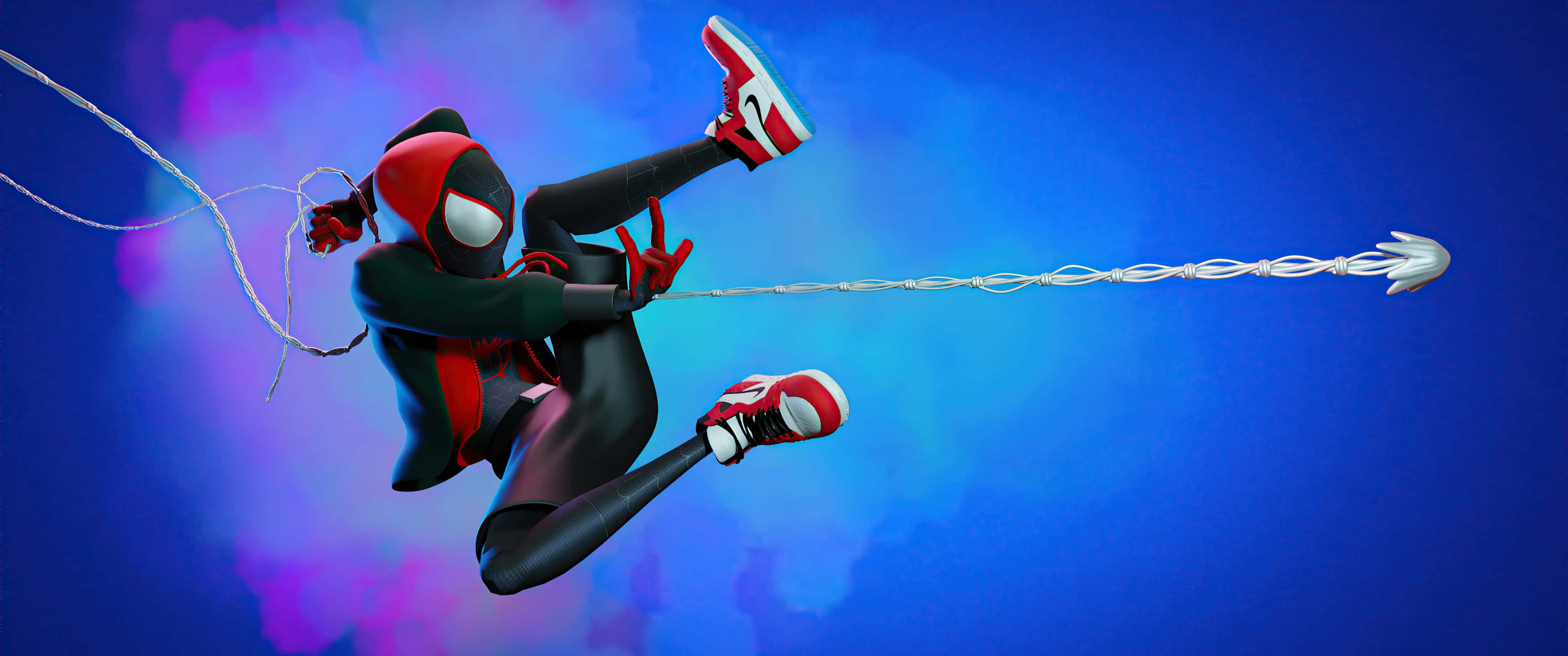 Spider-man Blue 桌布 壁紙 — 蜘蛛人動態地穿過充滿活力的藍色和紫色天空，身後拖著蜘蛛網線。