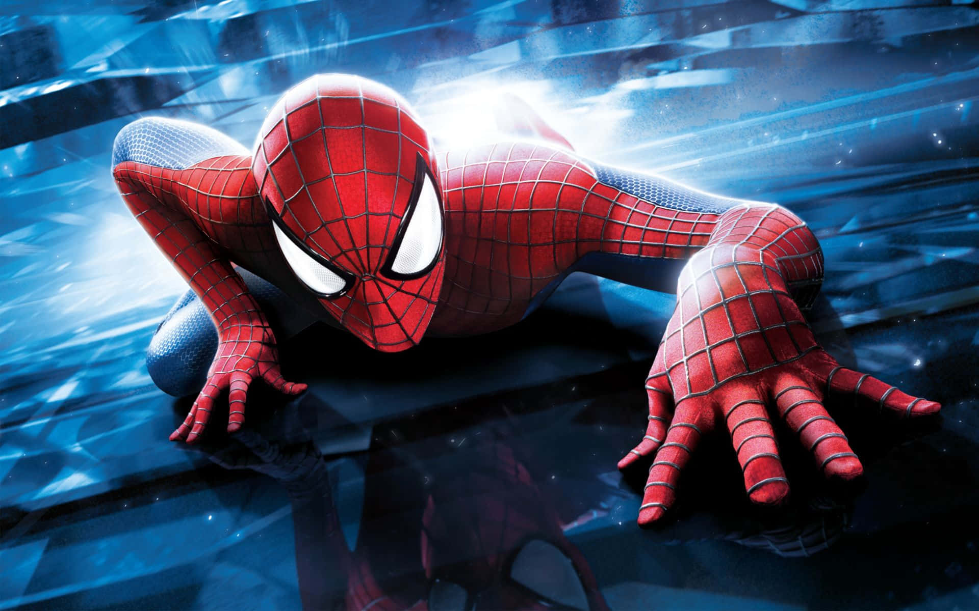 Spider Man Ps4 桌布 壁紙 — 蜘蛛人動態地蹲在反光的藍色表面上，身後有發光的燈光條紋。
