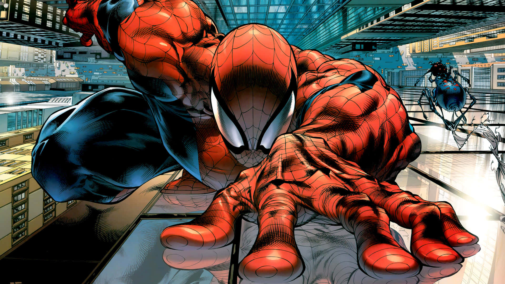 Ultimate Spider-man 桌布 壁紙 — 蜘蛛人動態地蹲在玻璃屋頂上，俯瞰著明亮日光下的廣闊城市景觀。