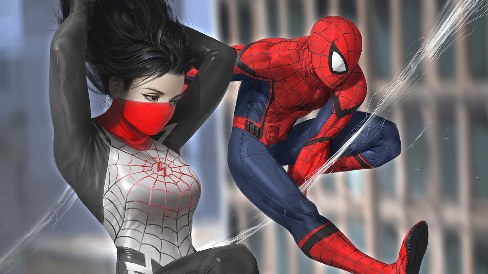 Spider-man Web Slinging 桌布 壁紙 — 蜘蛛人向著一位戴紅色面具、身穿銀色戰衣的女超級英雄擺盪，背景是模糊的城市景色。