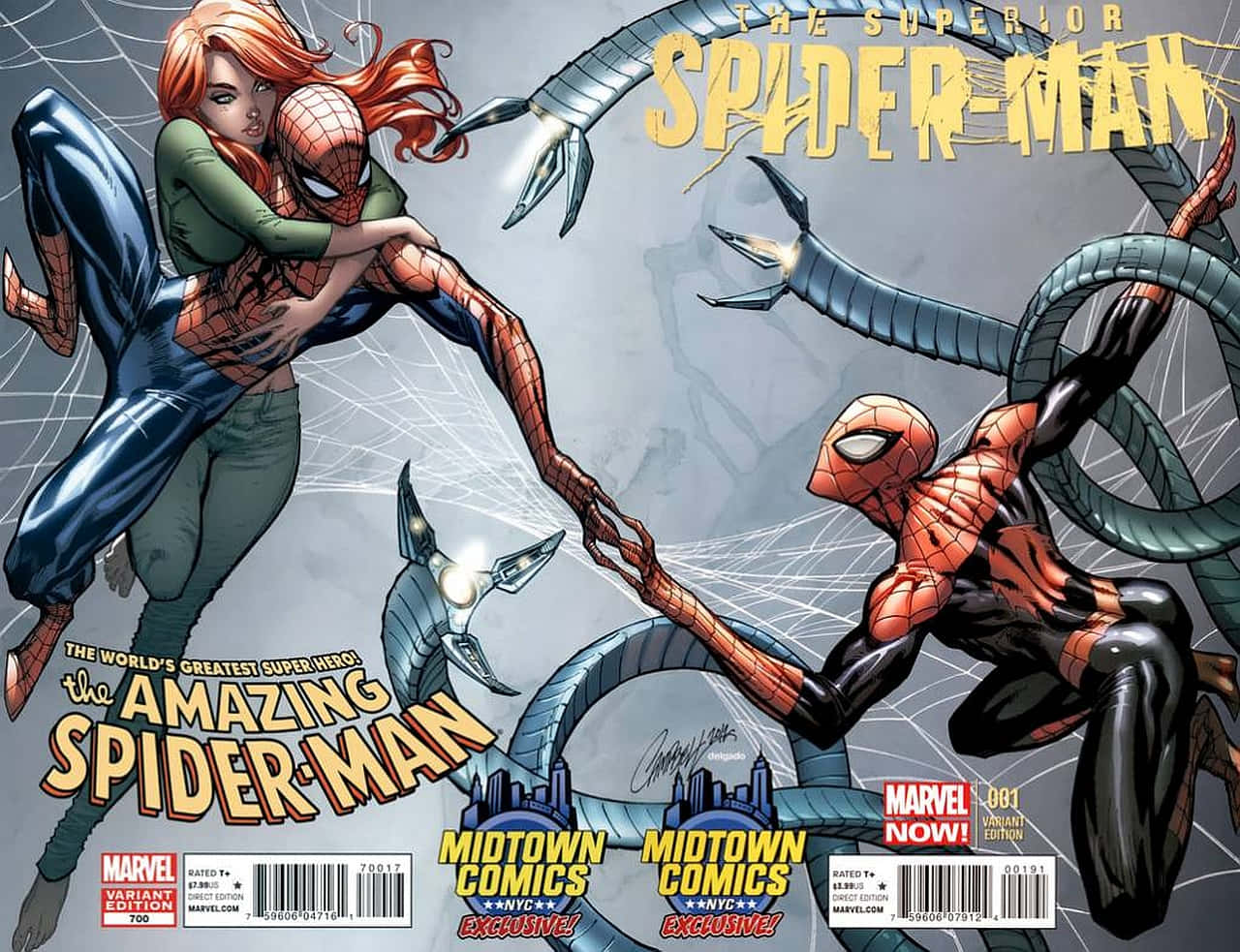 Superior Spider-man 桌布 壁紙 — 蜘蛛人和一位紅髮女子在一個動感十足的漫畫封面上與一條巨大的機械蛇戰鬥。