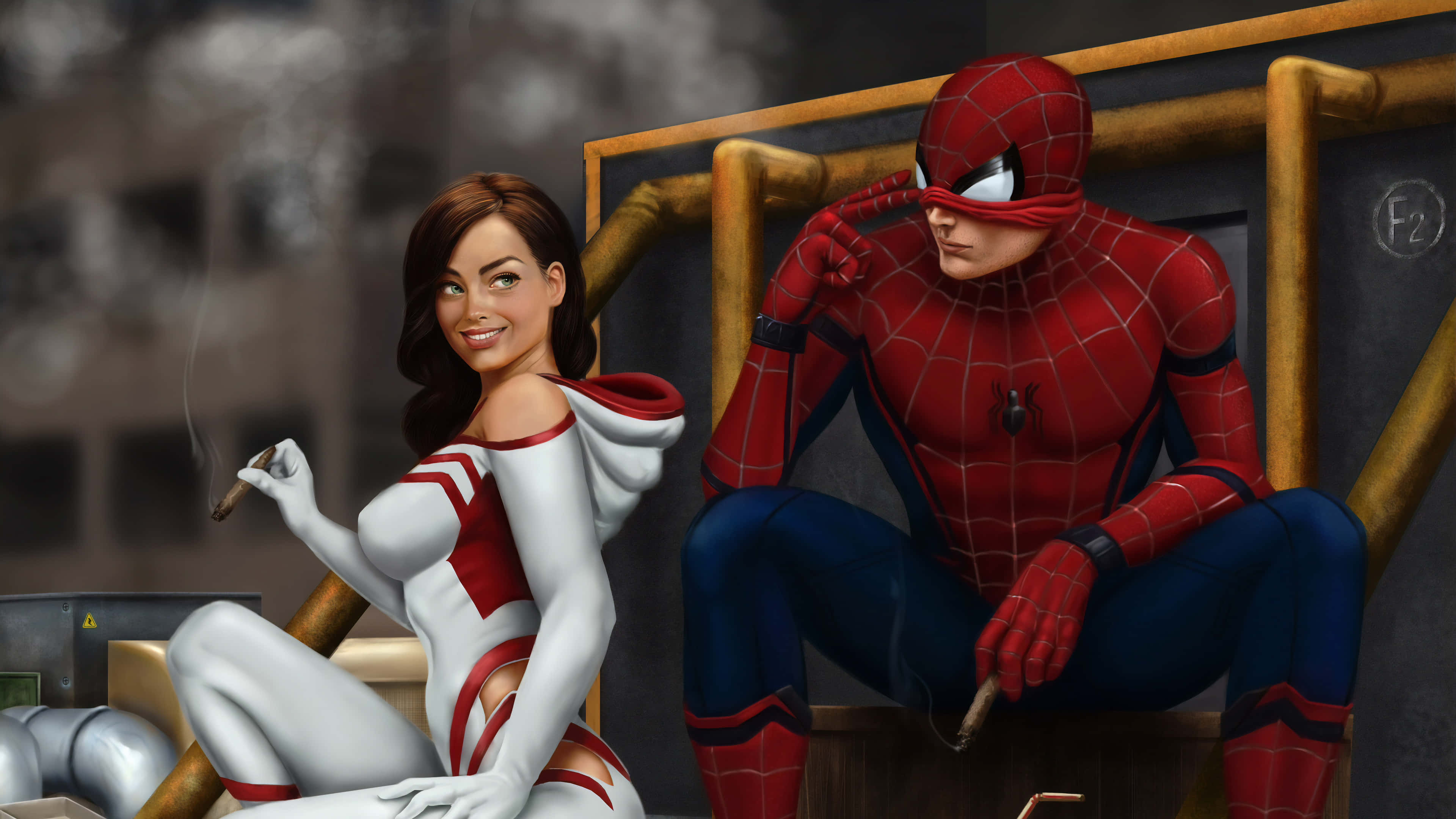 Gwen Stacy 桌布 壁紙 — 蜘蛛人和一位身穿白色和紅色套裝的女性坐在工業管道上，在煙霧瀰漫的城市環境中抽雪茄。