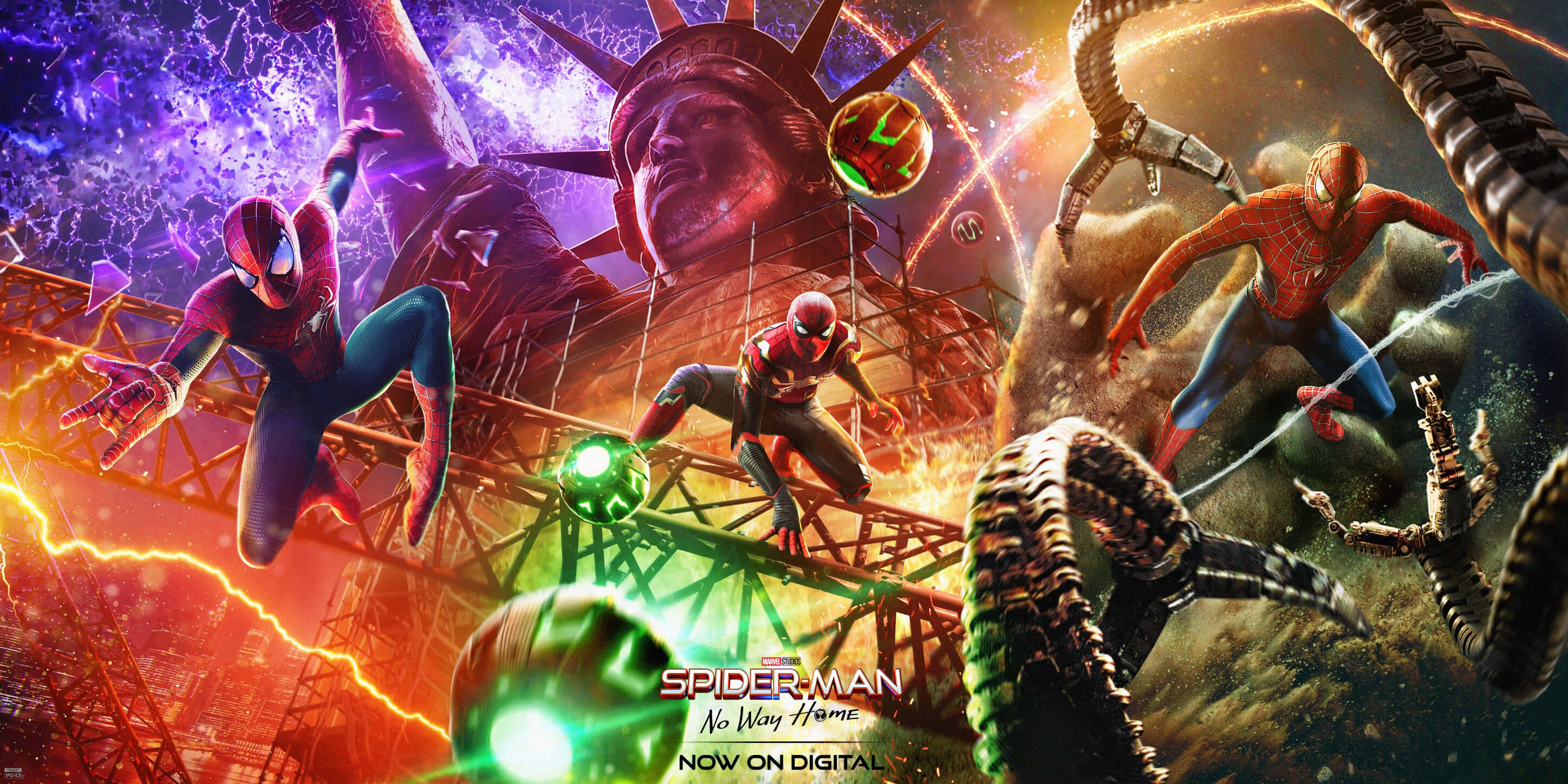 Spider Man No Way Home 桌布 壁紙 — 蜘蛛人和邁爾斯·莫拉萊斯在混亂的紐約天際線中擺盪，在發光的綠色球體和電能中與猛毒戰鬥。