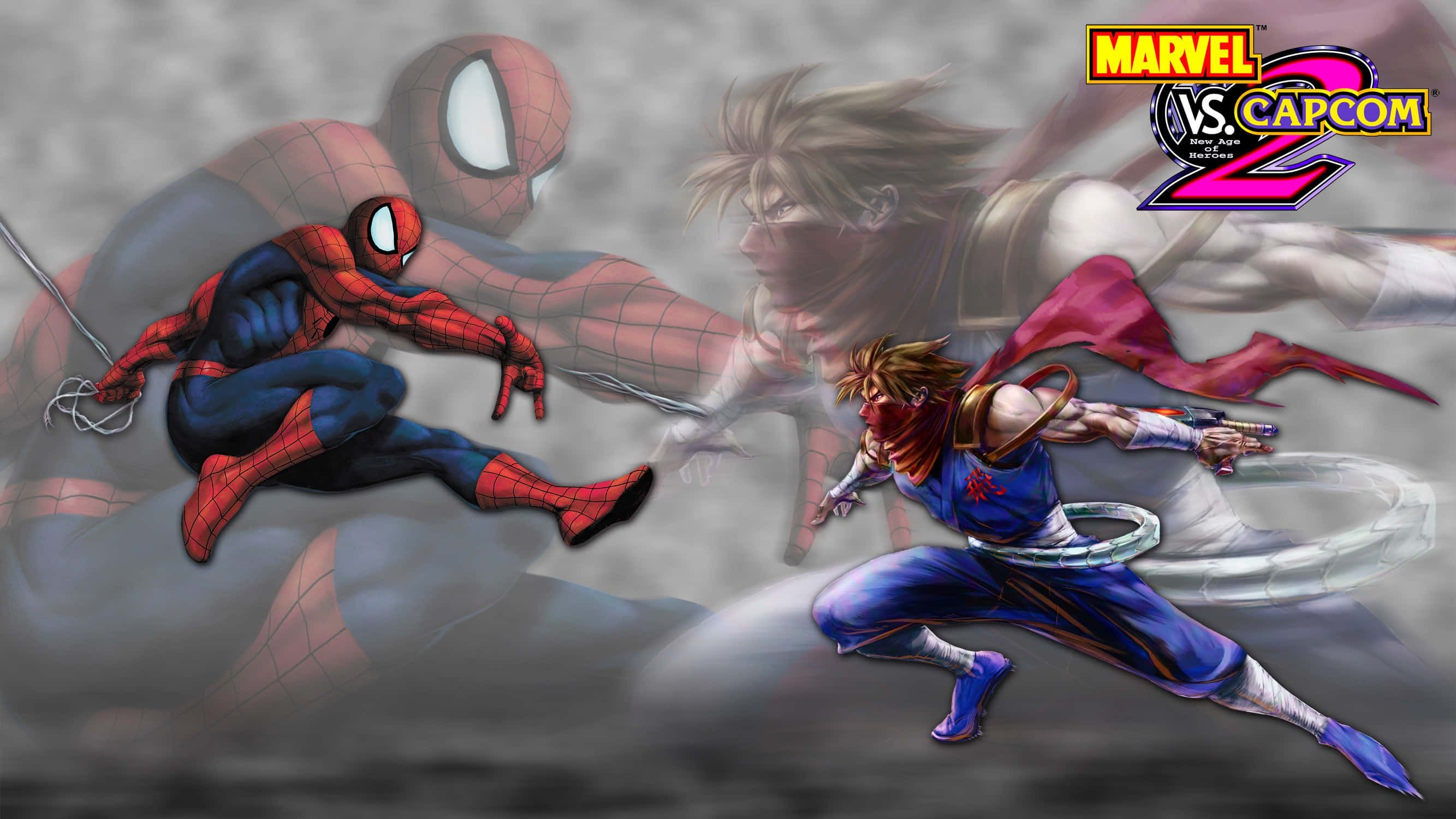 Marvel Vs Capcom Characters 桌布 壁紙 — 蜘蛛人和隆在 Marvel vs Capcom 2 中進行動態空中對決，帶有動態模糊和戲劇性燈光。