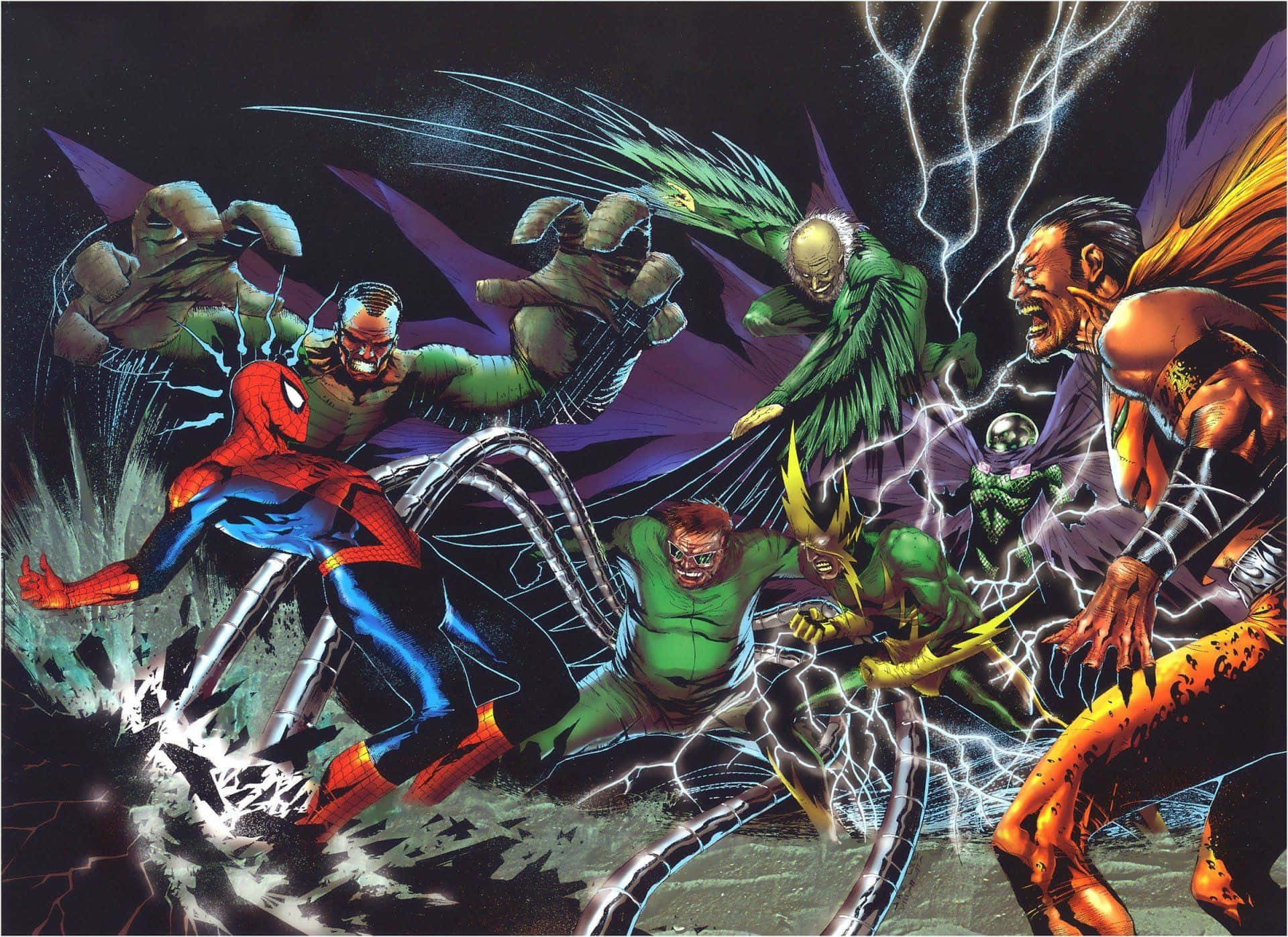 Sinister Six 桌布 壁紙 — 蜘蛛人在一個充滿閃電和動態動作的混亂漫畫場景中與多個反派戰鬥。