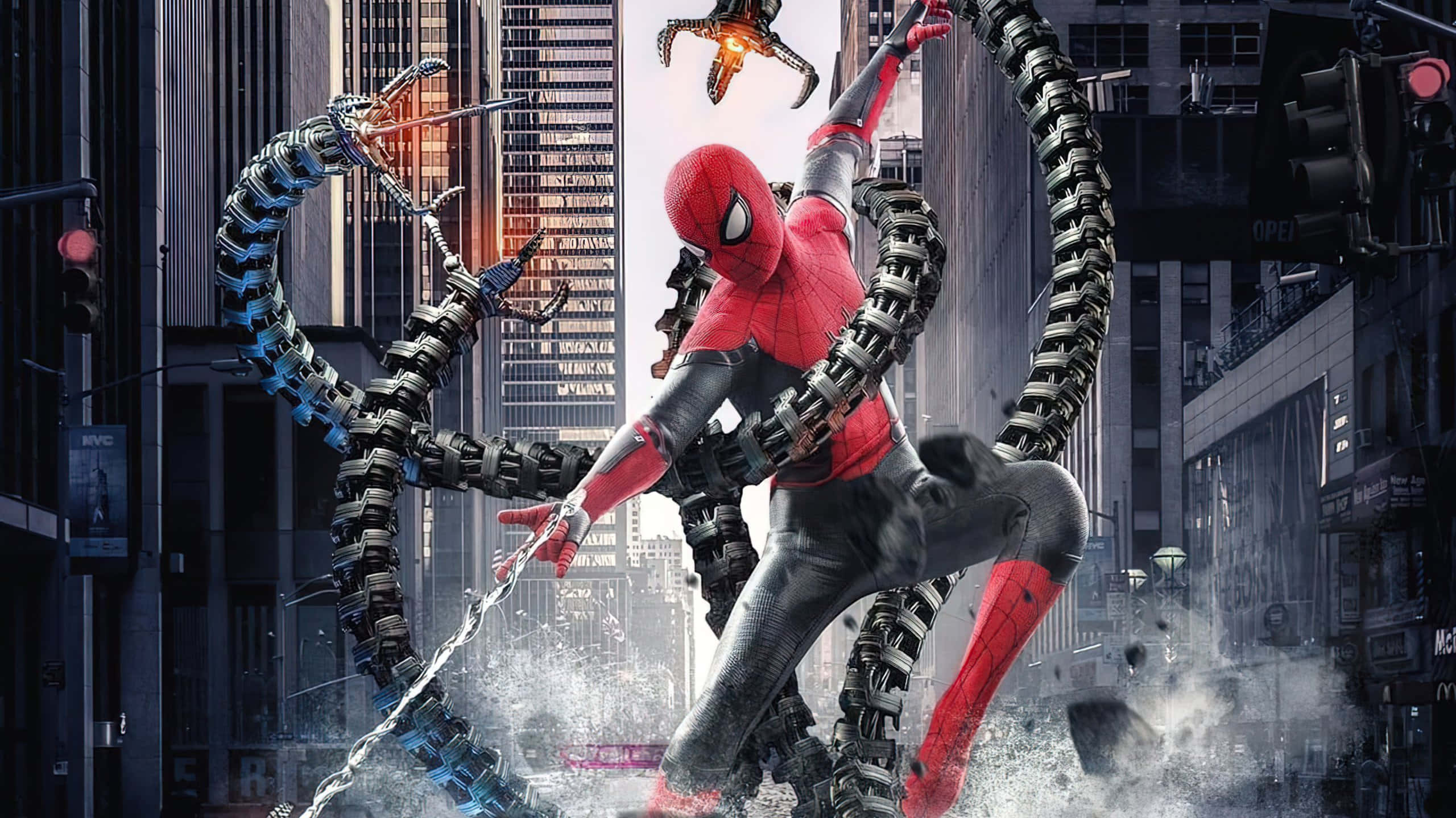 Spider Man Trilogy 桌布 壁紙 — 蜘蛛人在一個充滿高聳摩天大樓和飛舞觸手的 gritty 城市街道上與八爪魚博士戰鬥。