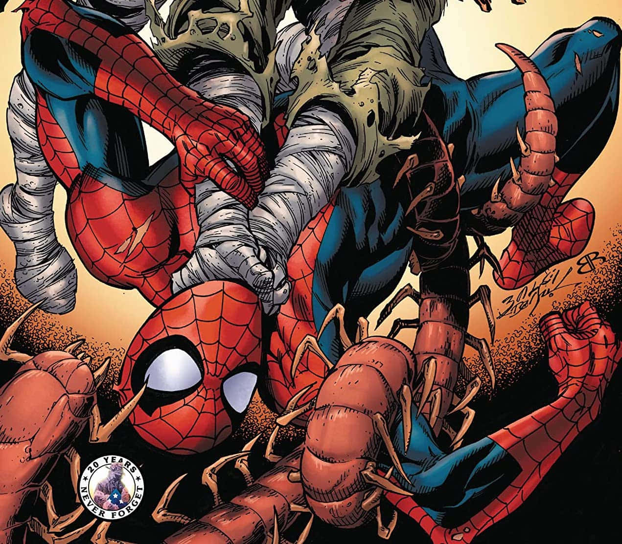 Spider Man Comic 桌布 壁紙 — 蜘蛛人在一個動態的漫畫面板中，以大膽的線條和戲劇性的燈光與多個怪物般的蜘蛛敵人戰鬥。