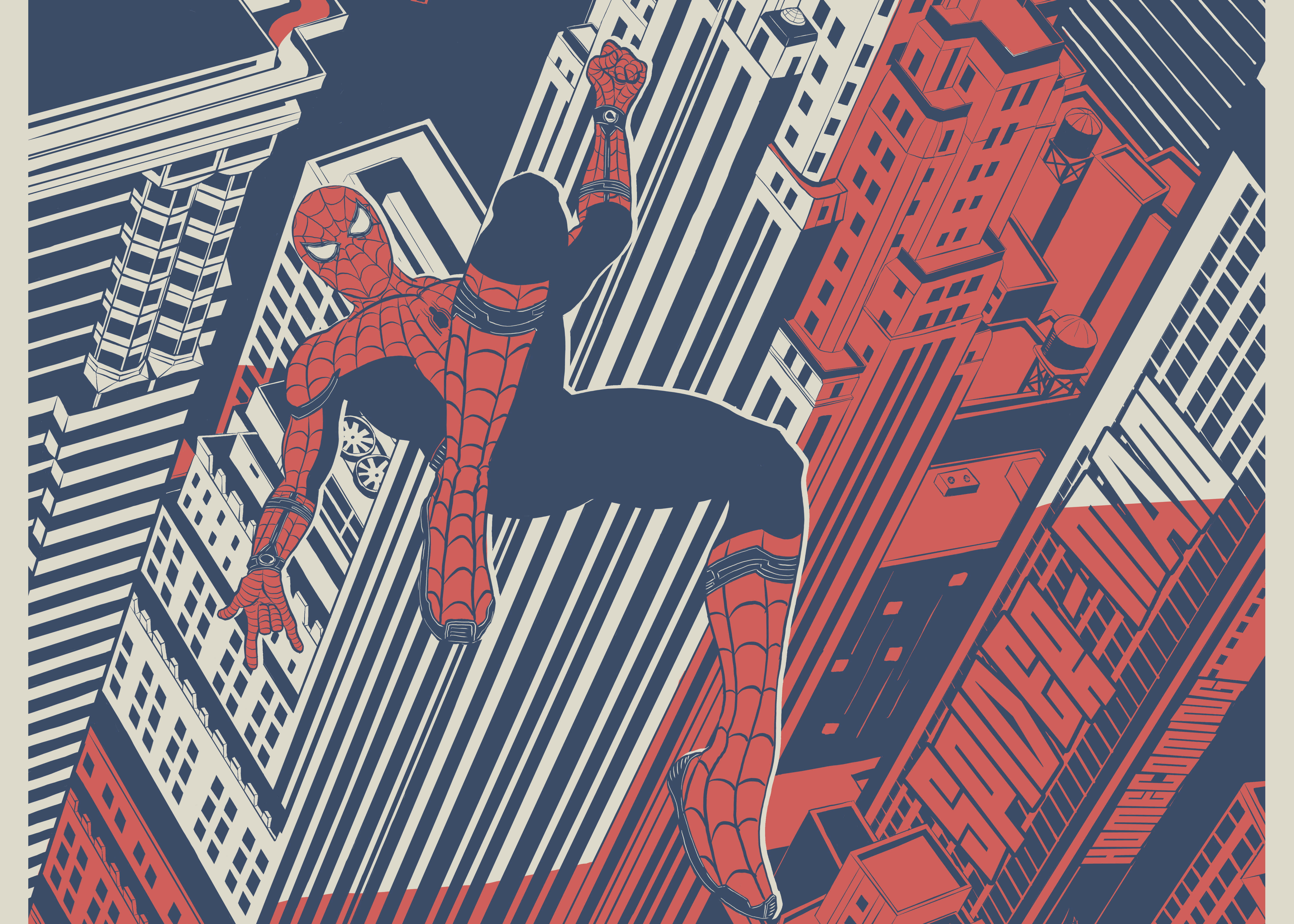 Spider-man Web Slinging 桌布 壁紙 — 蜘蛛人在一個大膽的圖形插圖中，動態地擺盪在高聳的紅色和藍色摩天大樓之間。