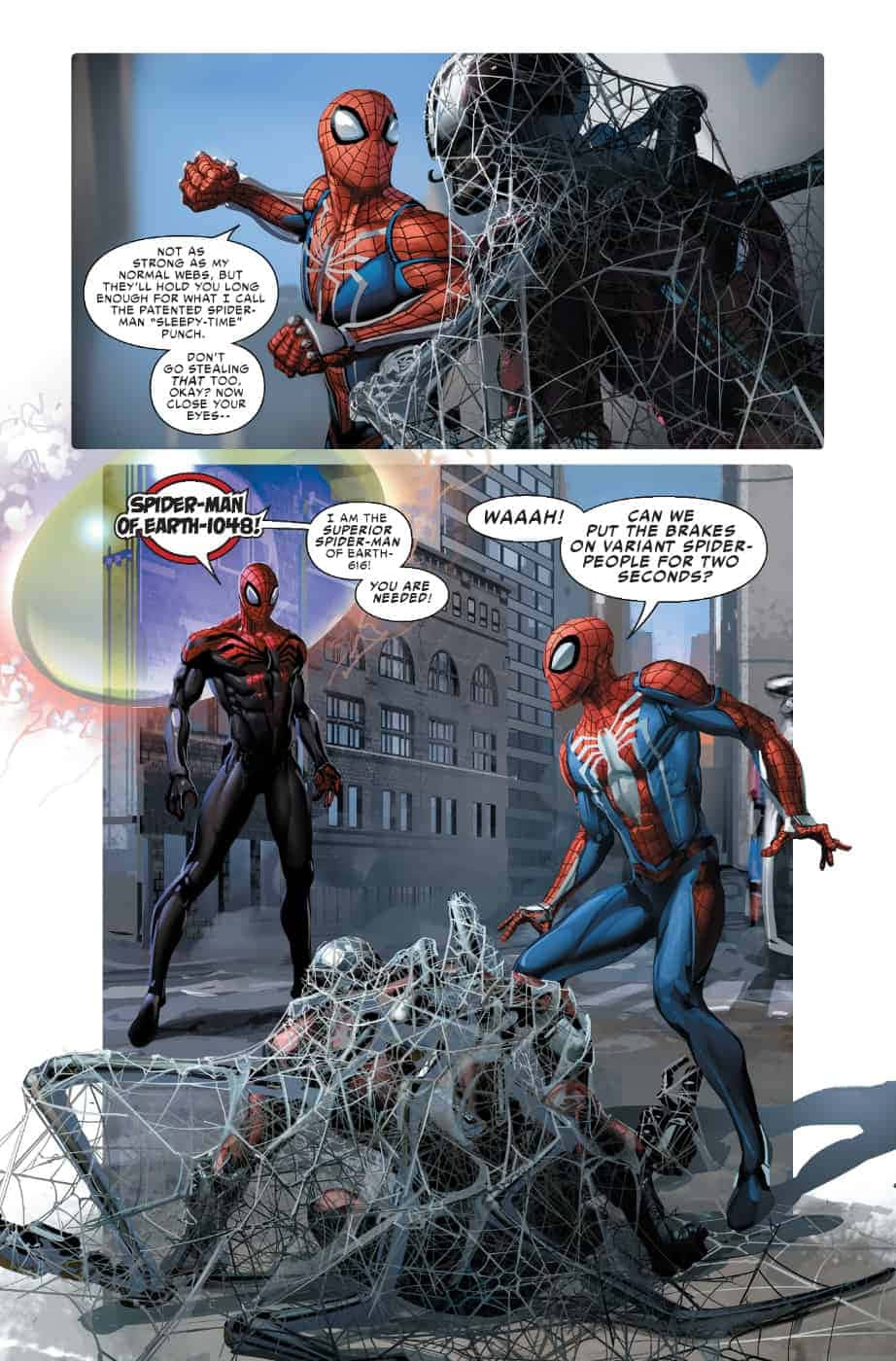 Spider-geddon 桌布 壁紙 — 蜘蛛人在一個帶有對話氣泡和城市背景的漫畫格中與一個被蛛網包裹的敵人戰鬥。