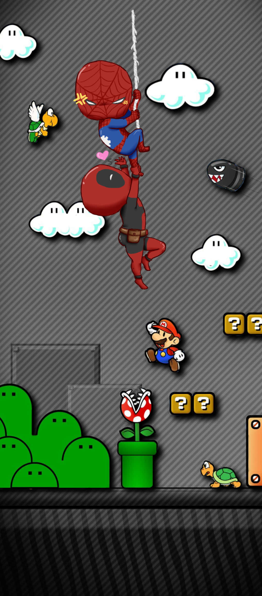 1080x2640 桌布 壁紙 — 蜘蛛人在一個有雲、Goombas和食人花的像素化Mario世界中，在碳纖維背景前擺盪。