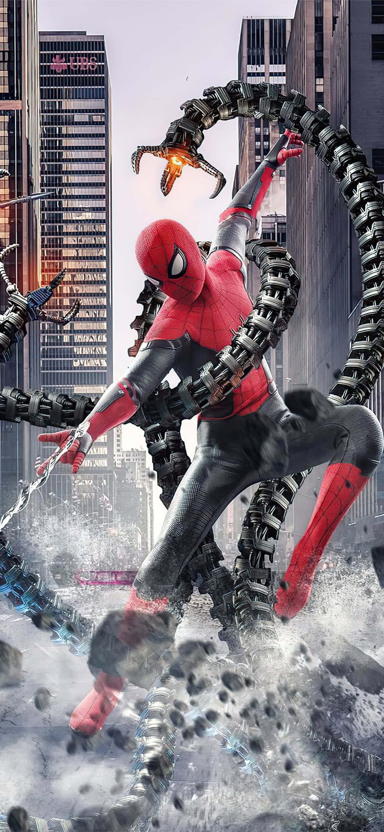 Spiderman Face 桌布 壁紙 — 蜘蛛人在一個破碎的城市景觀中與機械章魚反派戰鬥，城市中有摩天大樓和飛揚的碎片。
