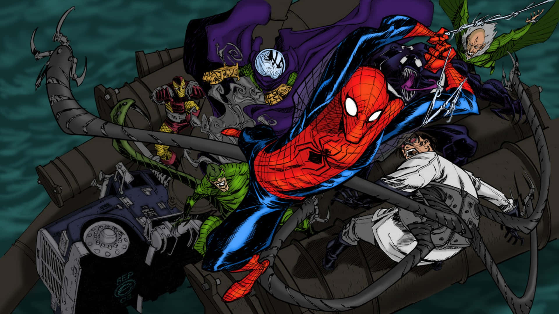 Sinister Six 桌布 壁紙 — 蜘蛛人在一艘沉船上與多個反派戰鬥的動態漫畫動作場景。
