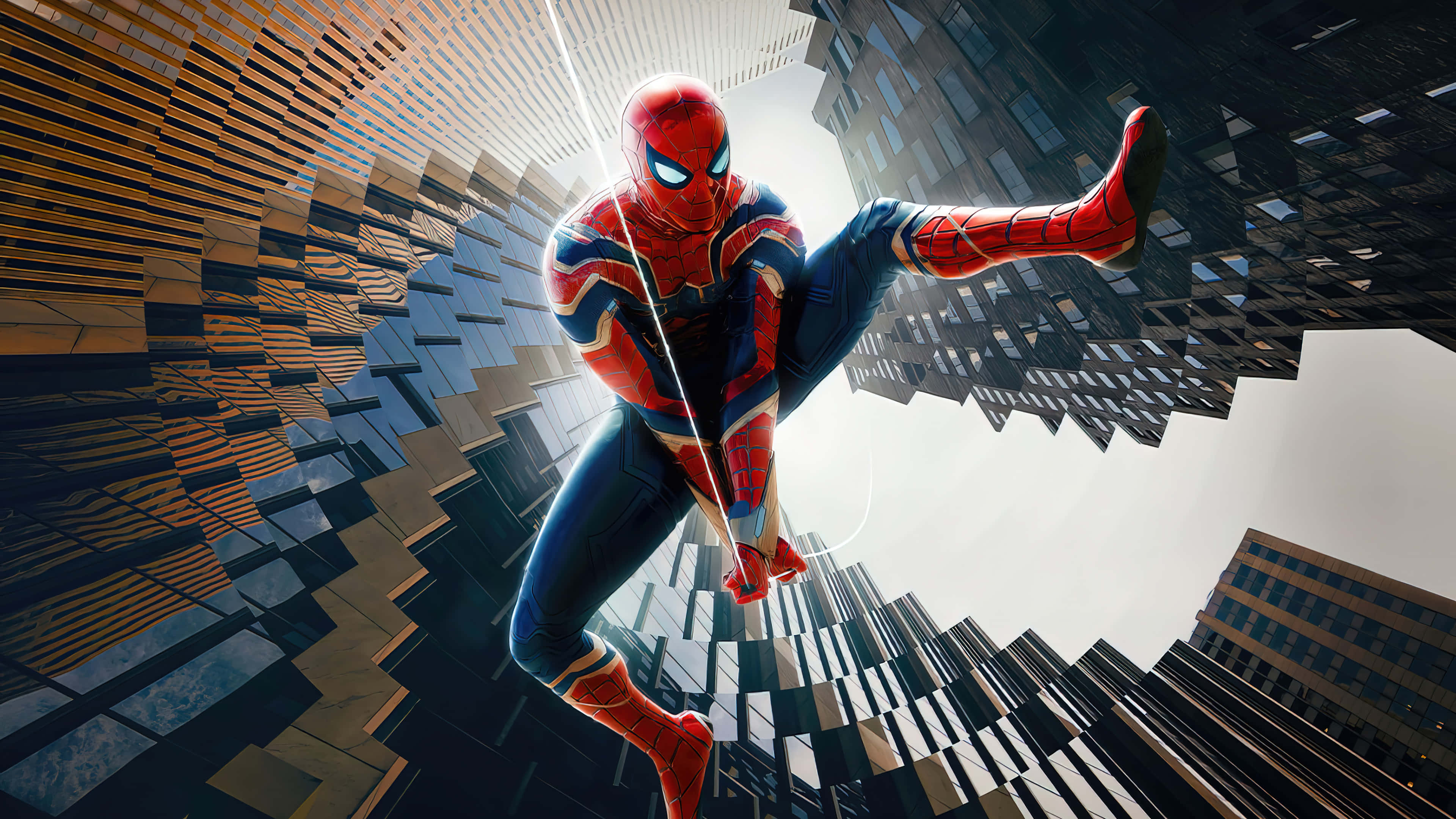 Spider Man No Way Home 桌布 壁紙 — 蜘蛛人在低角度拍攝的城市峽谷中，在高聳的摩天大樓之間動態擺盪。