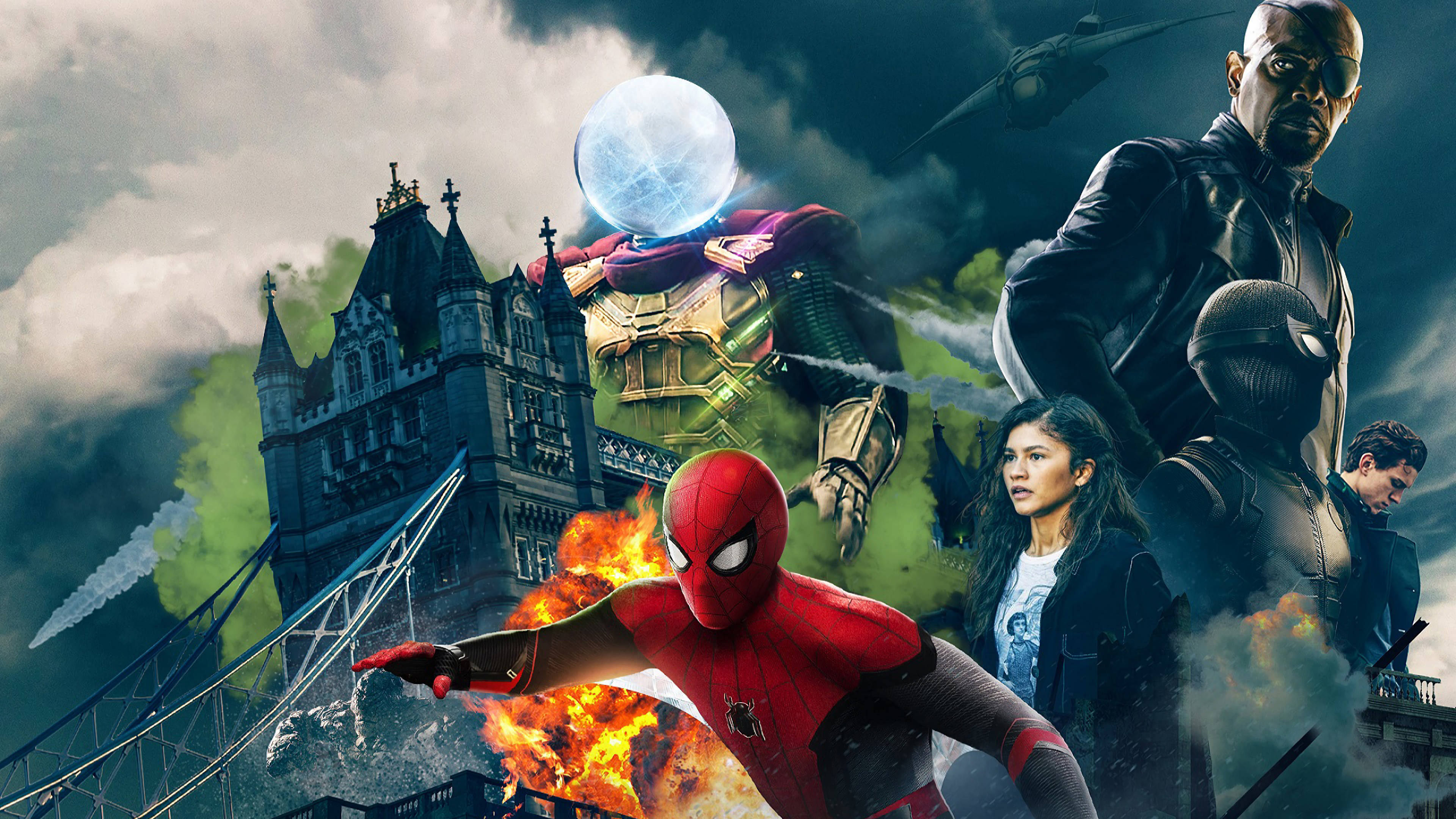 Spider Man Far From Home 桌布 壁紙 — 蜘蛛人在倫敦地標中跳過熾熱的混亂，超級英雄與反派在暴風雨的天空下戰鬥。