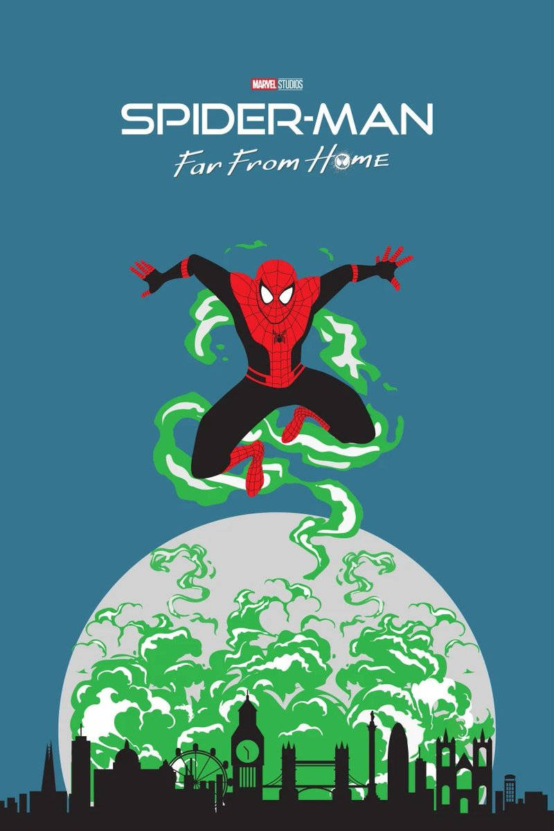 Spider Man Far From Home 桌布 壁紙 — 蜘蛛人在倫敦天際線剪影上方動態跳躍，背景為青綠色和旋轉的綠色能量。
