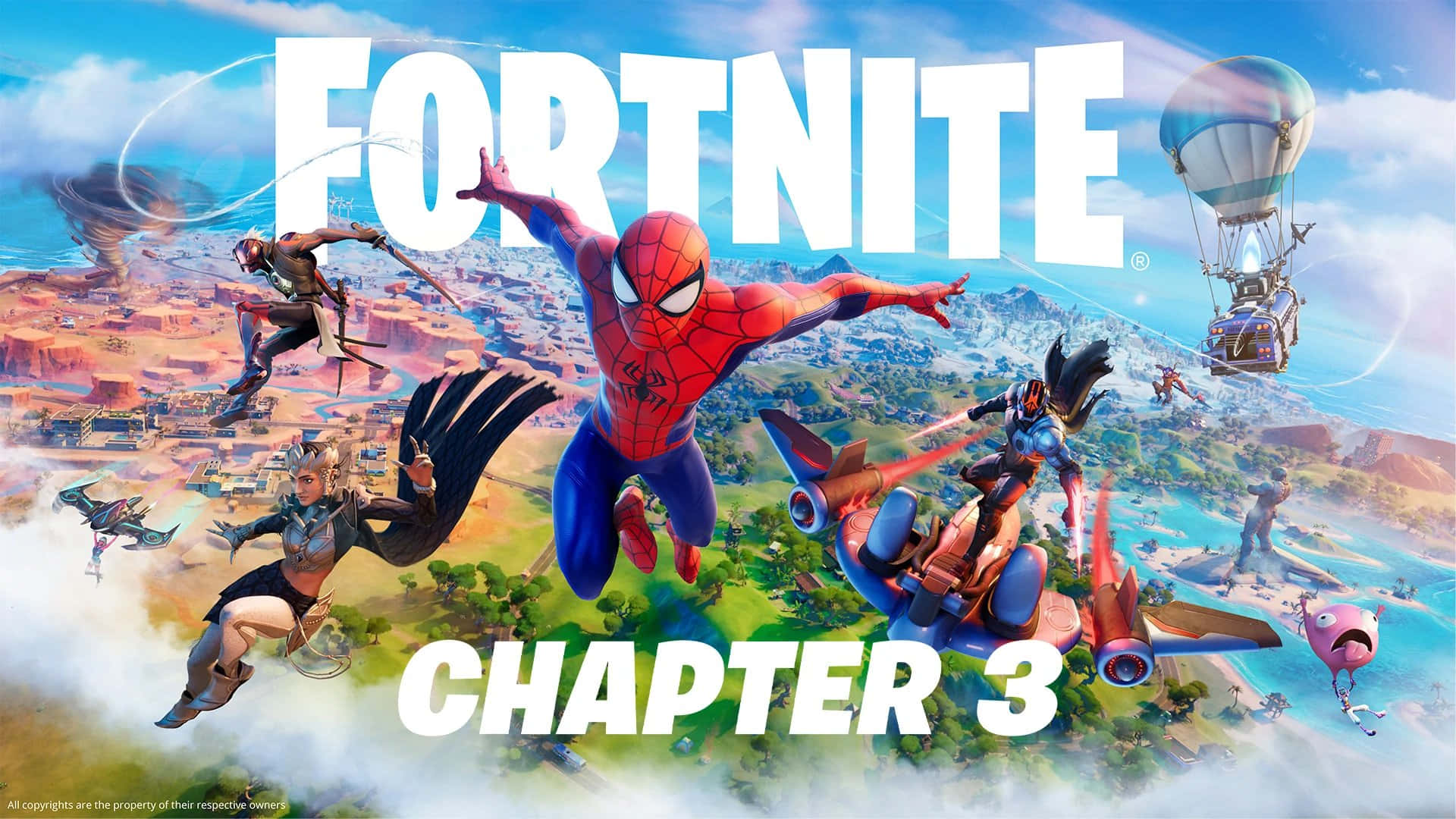 桌布 壁紙 — 蜘蛛人在充滿活力的Fortnite島嶼上空翱翔，角色們跳傘並飛過色彩繽紛的天空。