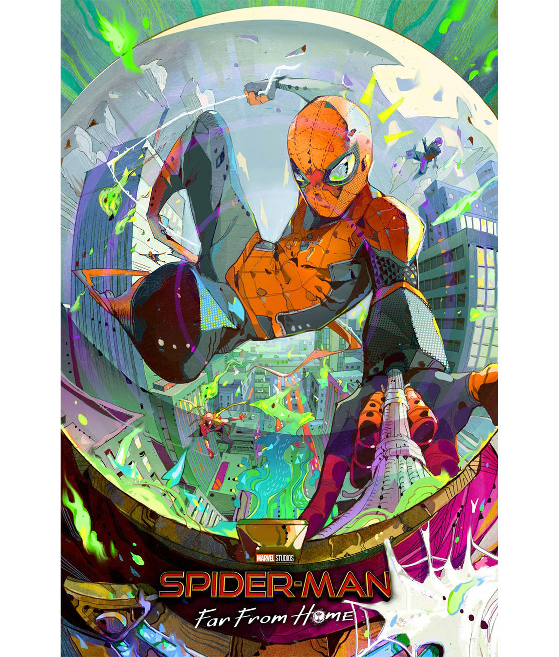 Spider Man Far From Home 桌布 壁紙 — 蜘蛛人在充滿活力的城市景觀中擺盪，這是一幅充滿霓虹色彩和動作的動態漫畫插圖。