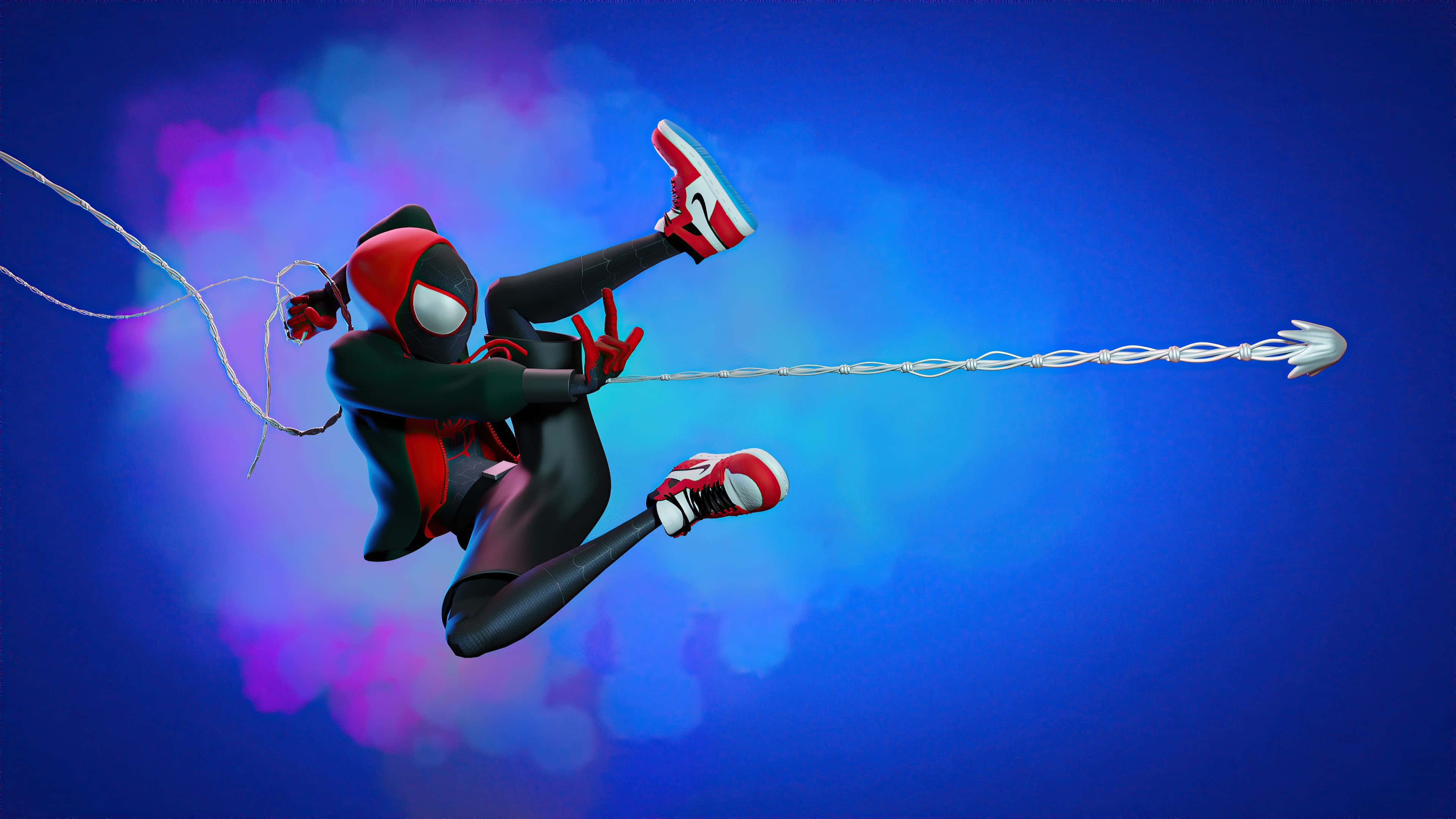 Spider-man Web Shooter 桌布 壁紙 — 蜘蛛人在充滿活力的藍色和紫色霓虹燈城市景觀中動態擺盪，帶有發光的蛛網線條。