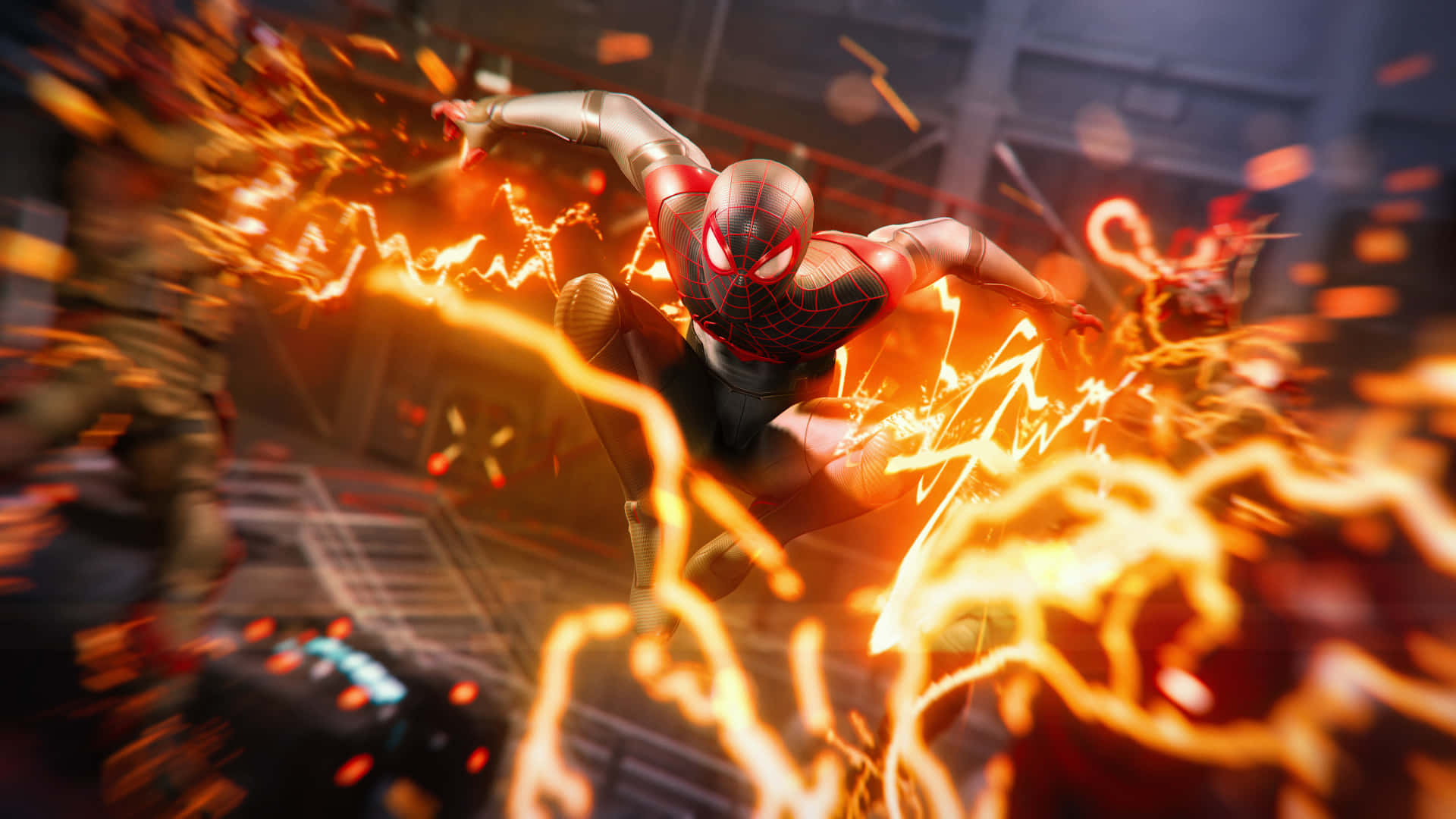 Ps5 Games 桌布 壁紙 — 蜘蛛人在充滿火焰的城市場景中擺盪，電能在周圍劈啪作響，擺出動態的動作姿勢。