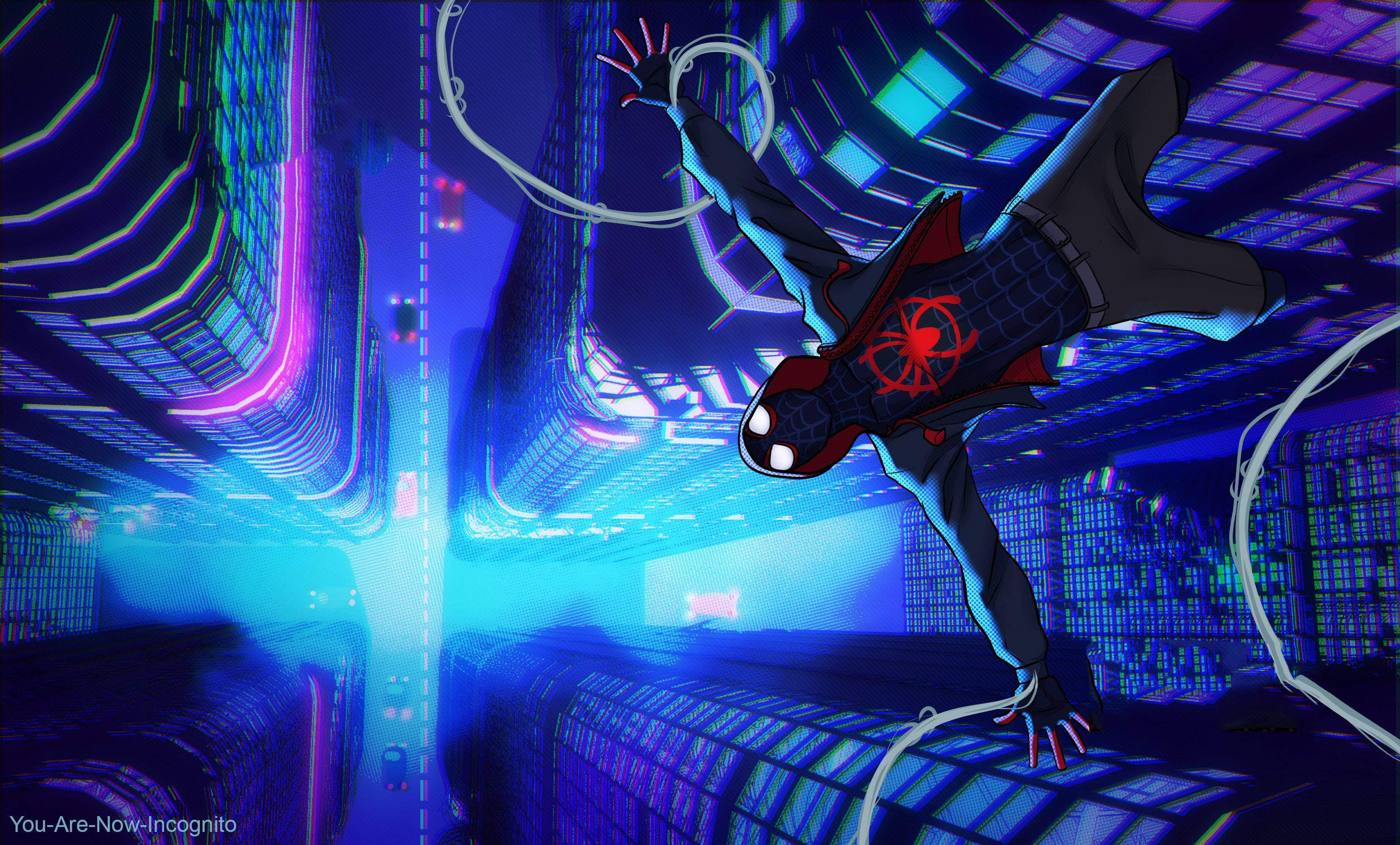 Into The Spider Verse 桌布 壁紙 — 蜘蛛人在充滿霓虹燈的賽博龐克城市景觀中擺盪，周圍是發光的藍色和紫色摩天大樓。