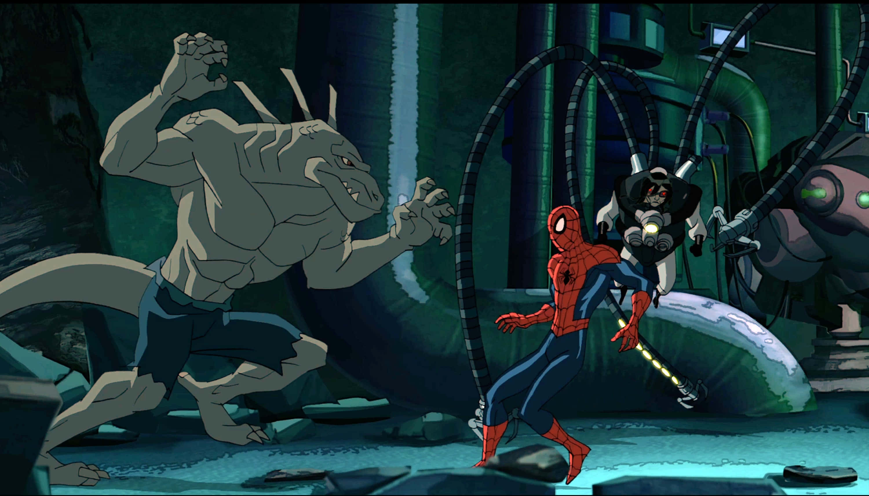 Ultimate Spider-man 桌布 壁紙 — 蜘蛛人在光線昏暗的工業巢穴中，對抗一個巨大的爬蟲類敵人和八爪博士。