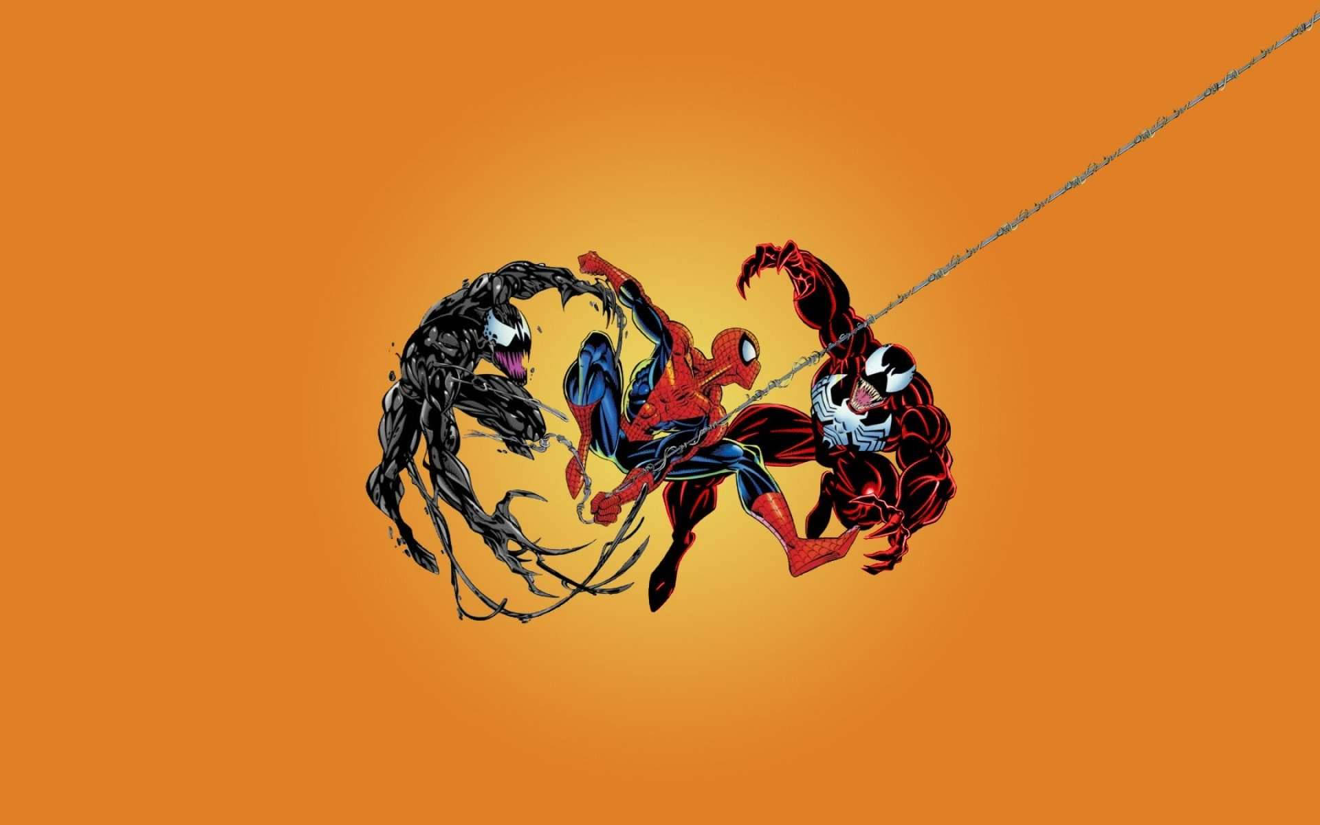 Venom Carnage 桌布 壁紙 — 蜘蛛人在兩個兇猛的猛毒共生體之間擺盪，背景是充滿活力的橙色漸變。