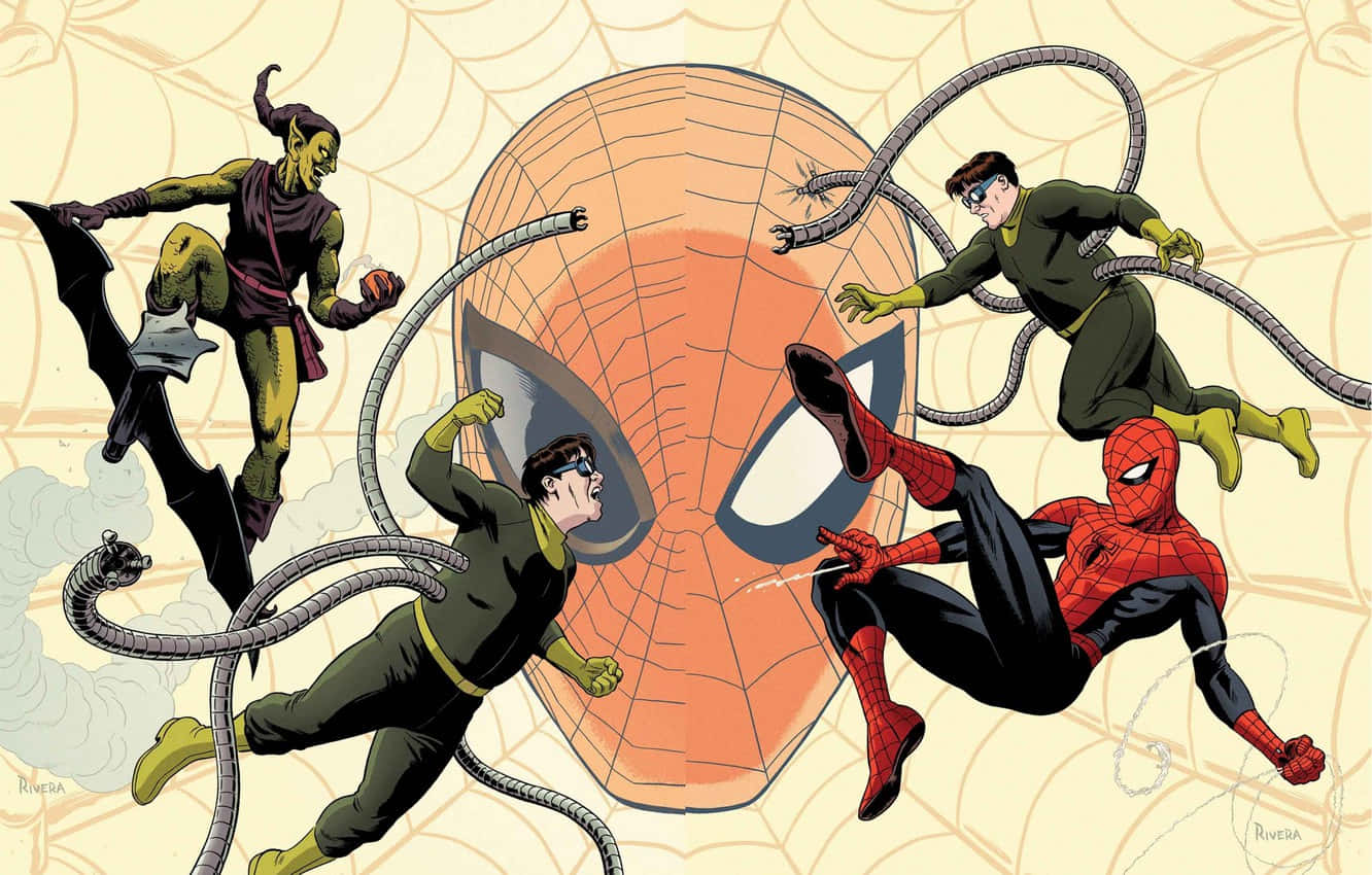 Norman Osborn 桌布 壁紙 — 蜘蛛人在動態漫畫動作場景中躲避八爪博士的多重觸手攻擊。
