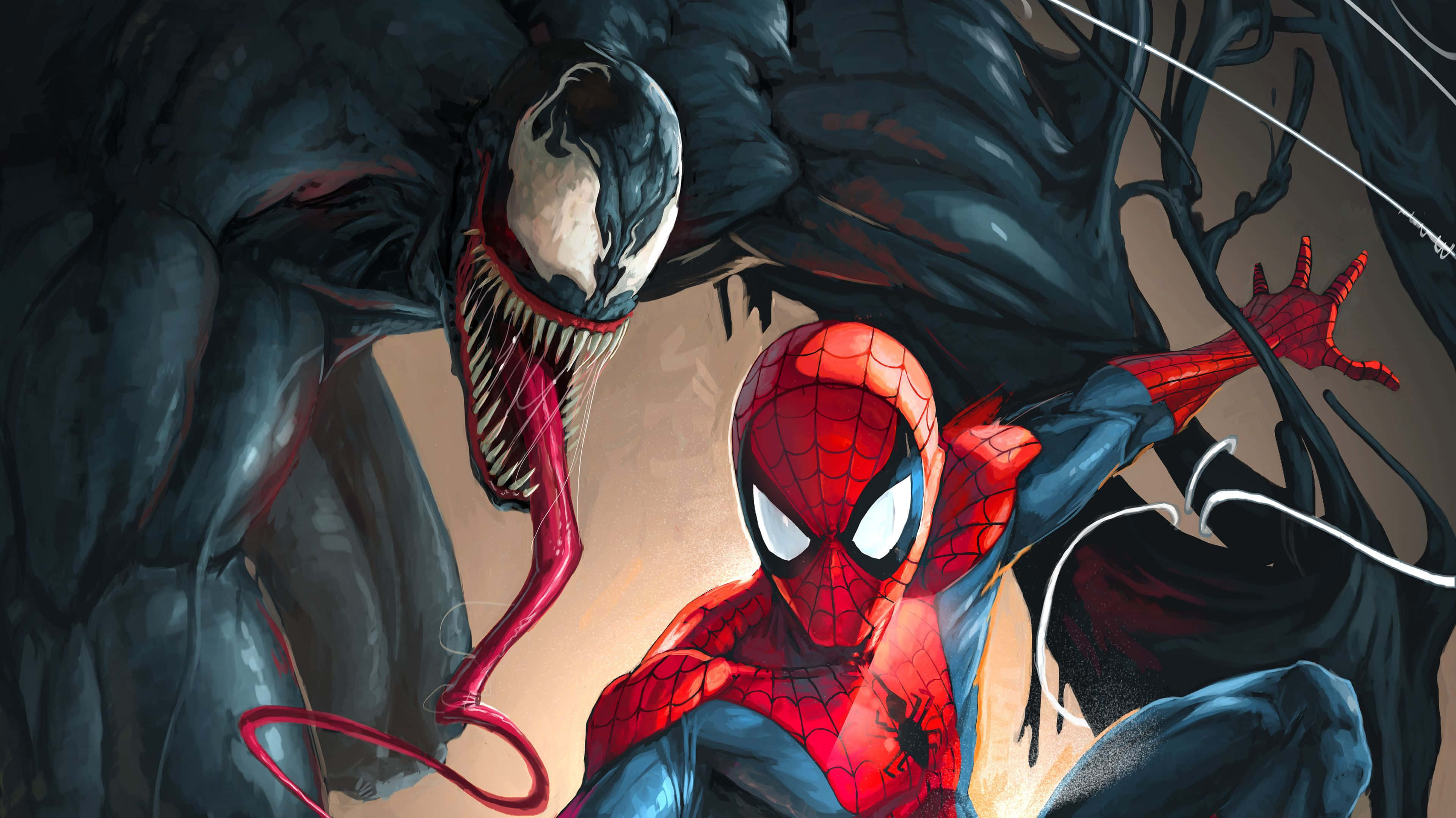 Best Spider Man 桌布 壁紙 — 蜘蛛人在動態漫畫戰鬥場景中對峙高聳、威脅性的猛毒。