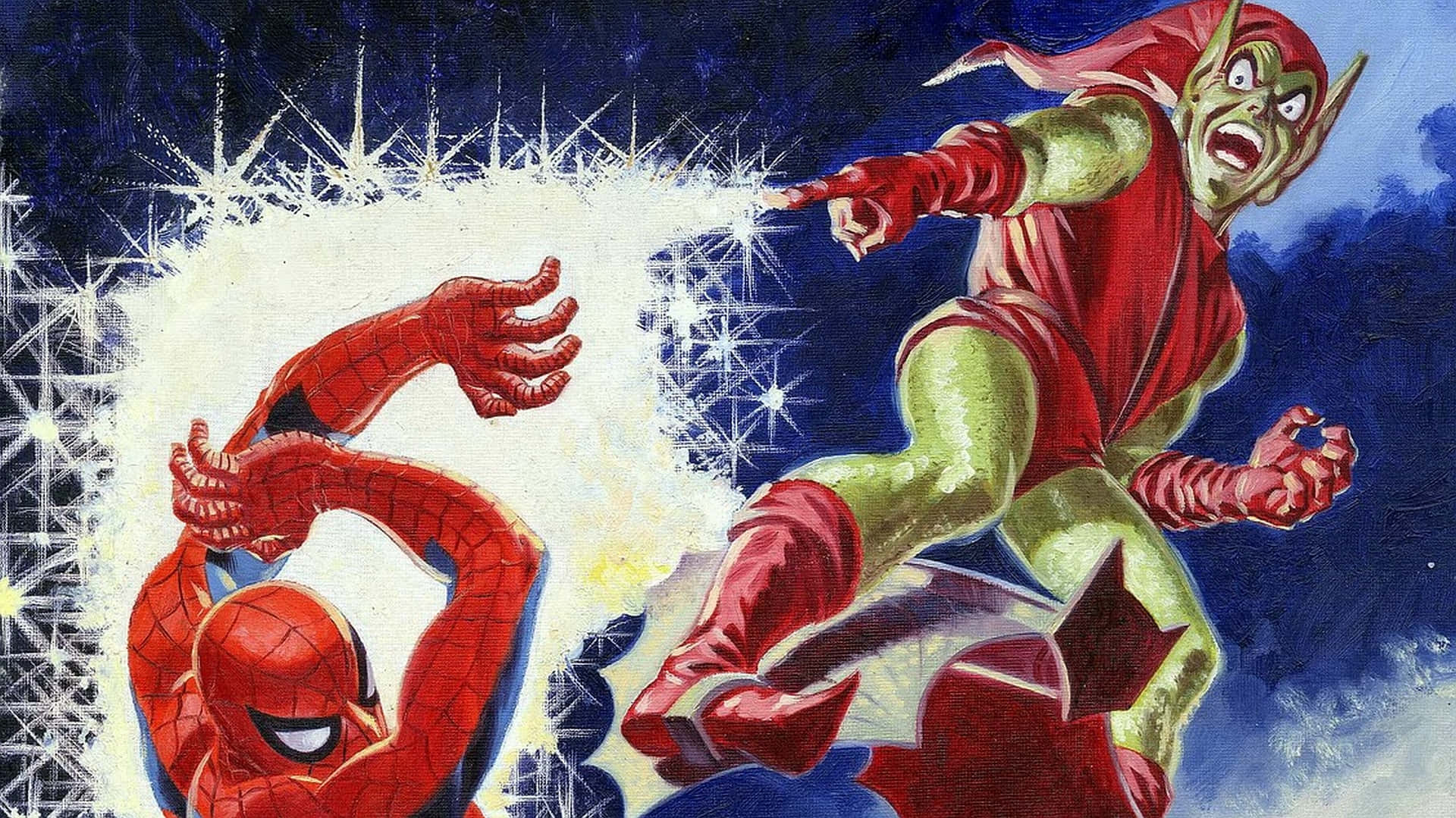 Norman Osborn 桌布 壁紙 — 蜘蛛人在動態漫畫插圖中躲避綠色皮膚反派發出的發光能量衝擊波。