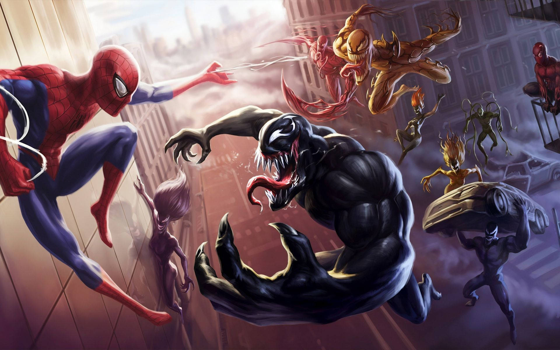 Venom Carnage 桌布 壁紙 — 蜘蛛人在城市景觀中擺盪，與猛毒和其他共生體戰鬥，呈現動態的漫畫動作場景。