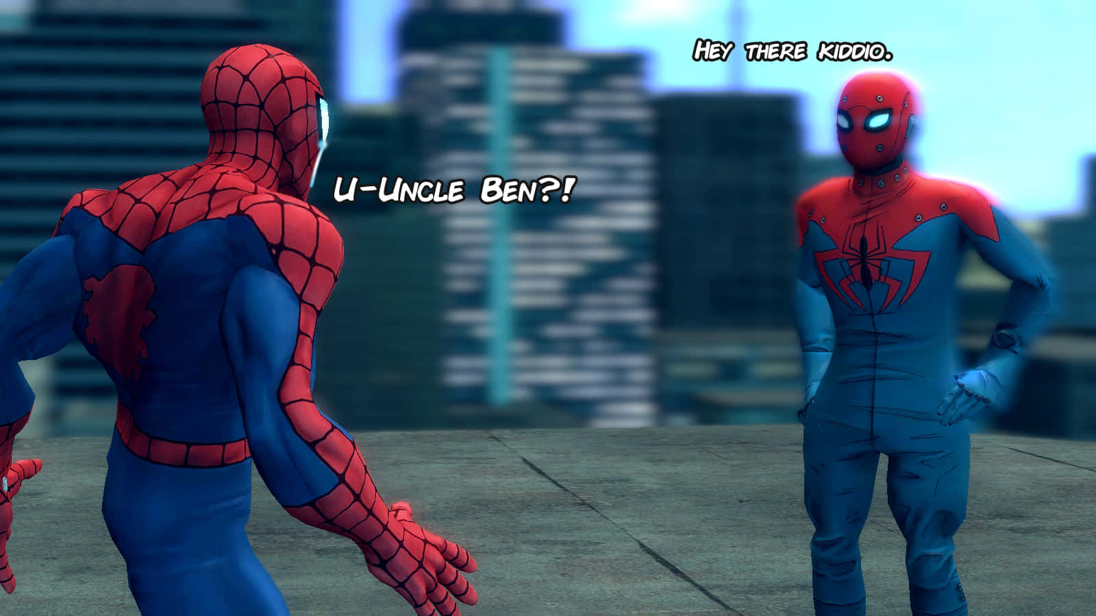 Uncle Ben 桌布 壁紙 — 蜘蛛人在城市景觀中面對一個發光紅色服裝的蜘蛛人，並有對話泡泡。