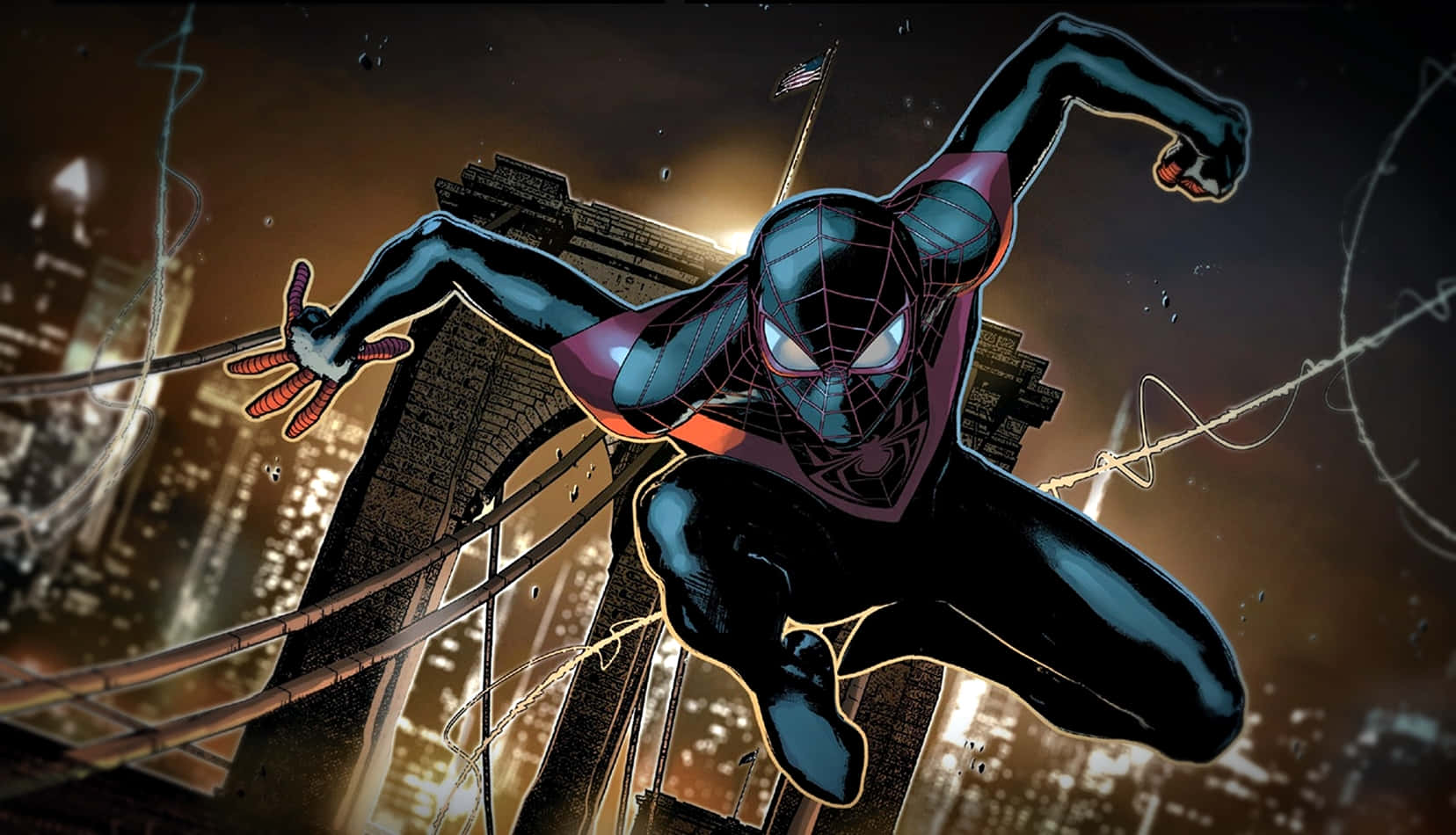 Ultimate Spider-man 桌布 壁紙 — 蜘蛛人在夜晚動態地穿梭於發光的城市景觀中，身後拖著蜘蛛絲線。