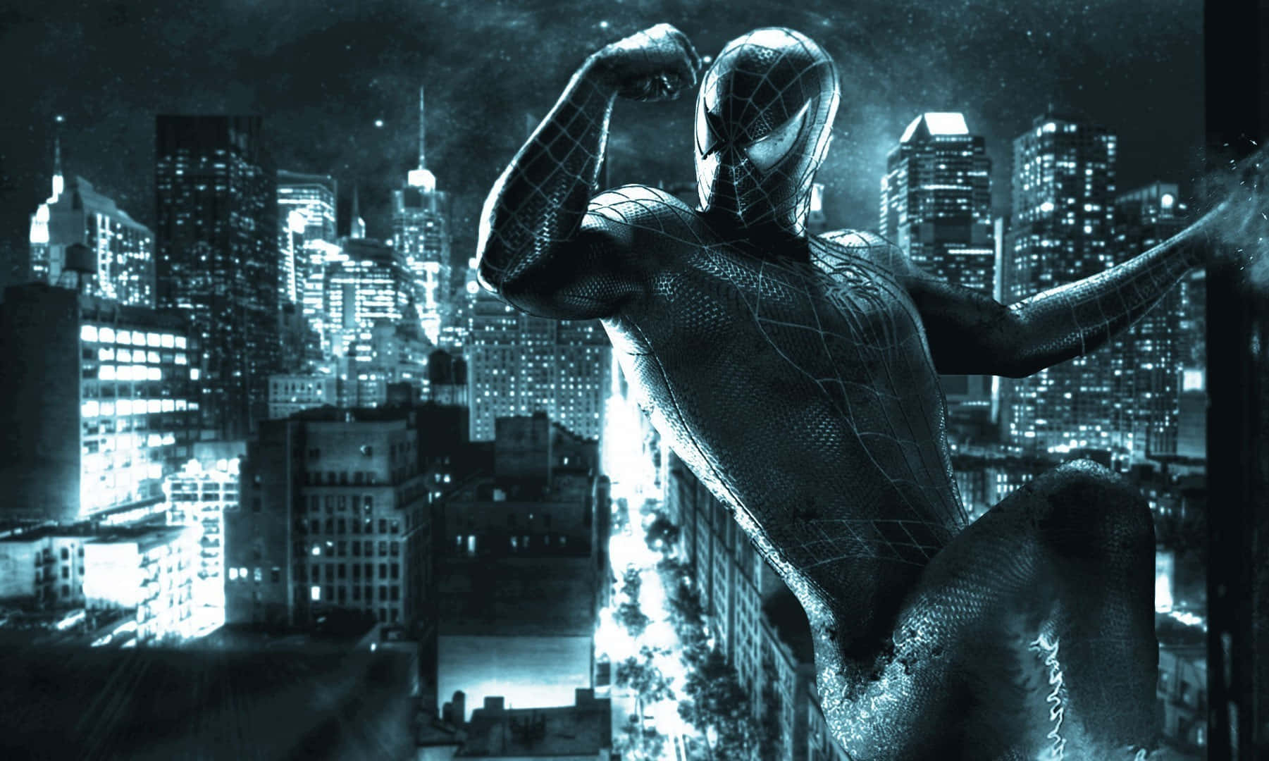 Spider Man 3 桌布 壁紙 — 蜘蛛人在夜晚發光的霓虹城市景觀前強力展示肌肉，身後是高聳的摩天大樓。