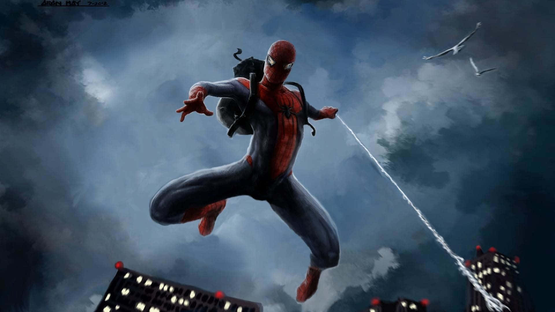 Best Spider Man 桌布 壁紙 — 蜘蛛人在夜晚的暴風雨城市景觀中擺盪，身後拖曳著蛛絲，背景是烏雲。