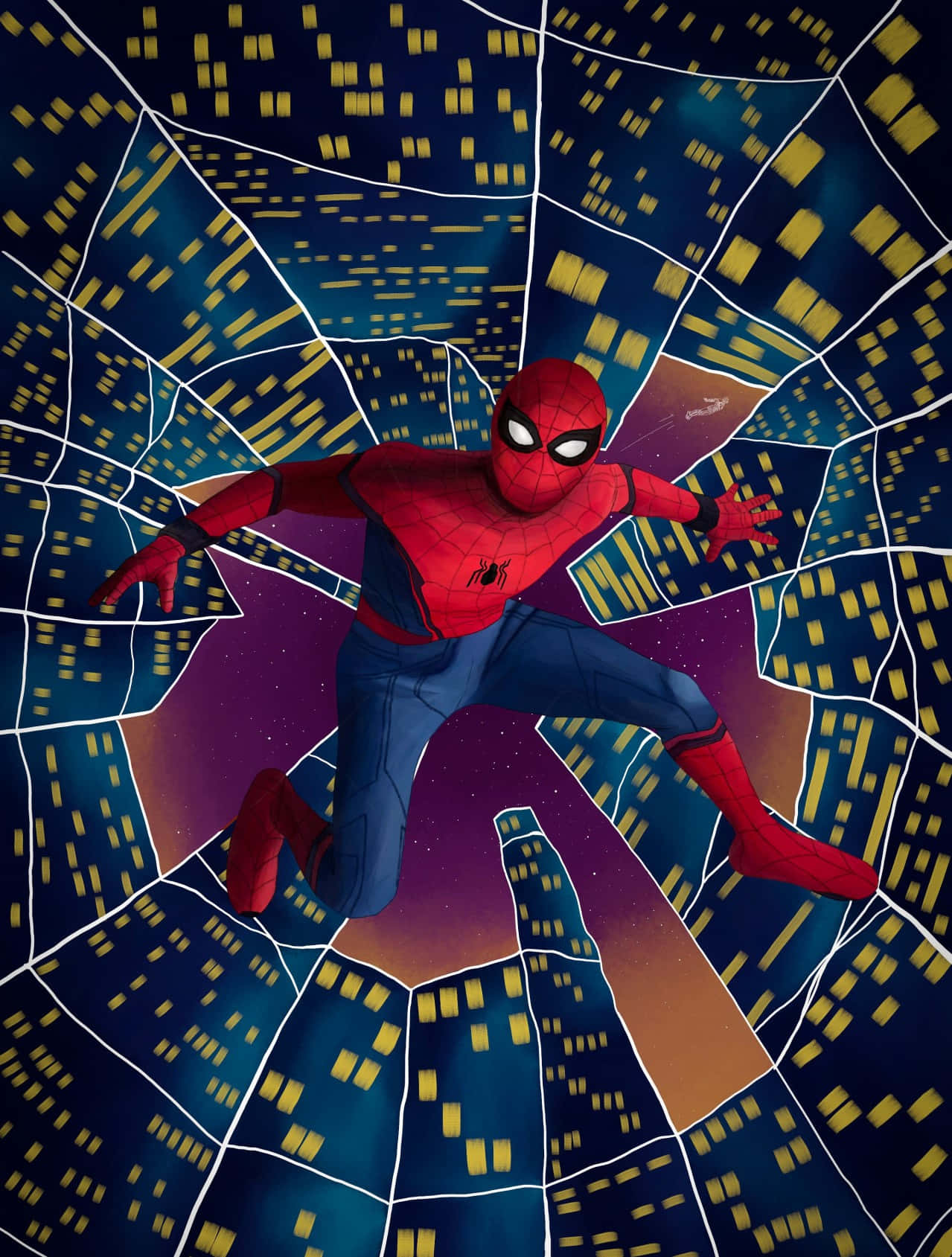 Friendly Neighborhood Spider-man 桌布 壁紙 — 蜘蛛人在夜晚穿過一個風格化的城市景觀，窗戶發光，天空呈現宇宙紫色。