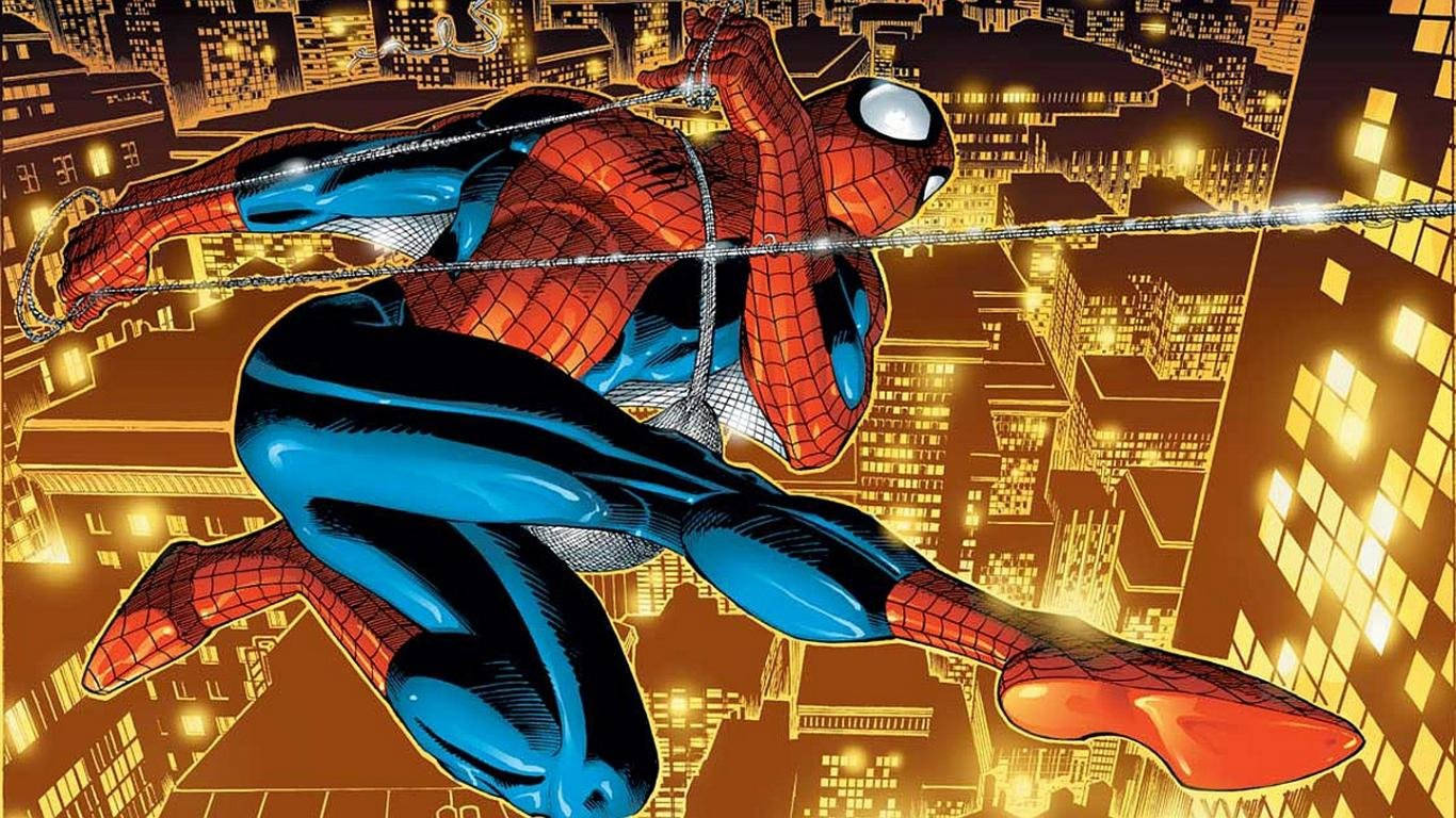Spiderman 1366x768 桌布 壁紙 — 蜘蛛人在夜晚穿過發光的城市景觀，蜘蛛絲緊繃在亮燈的摩天大樓之間。