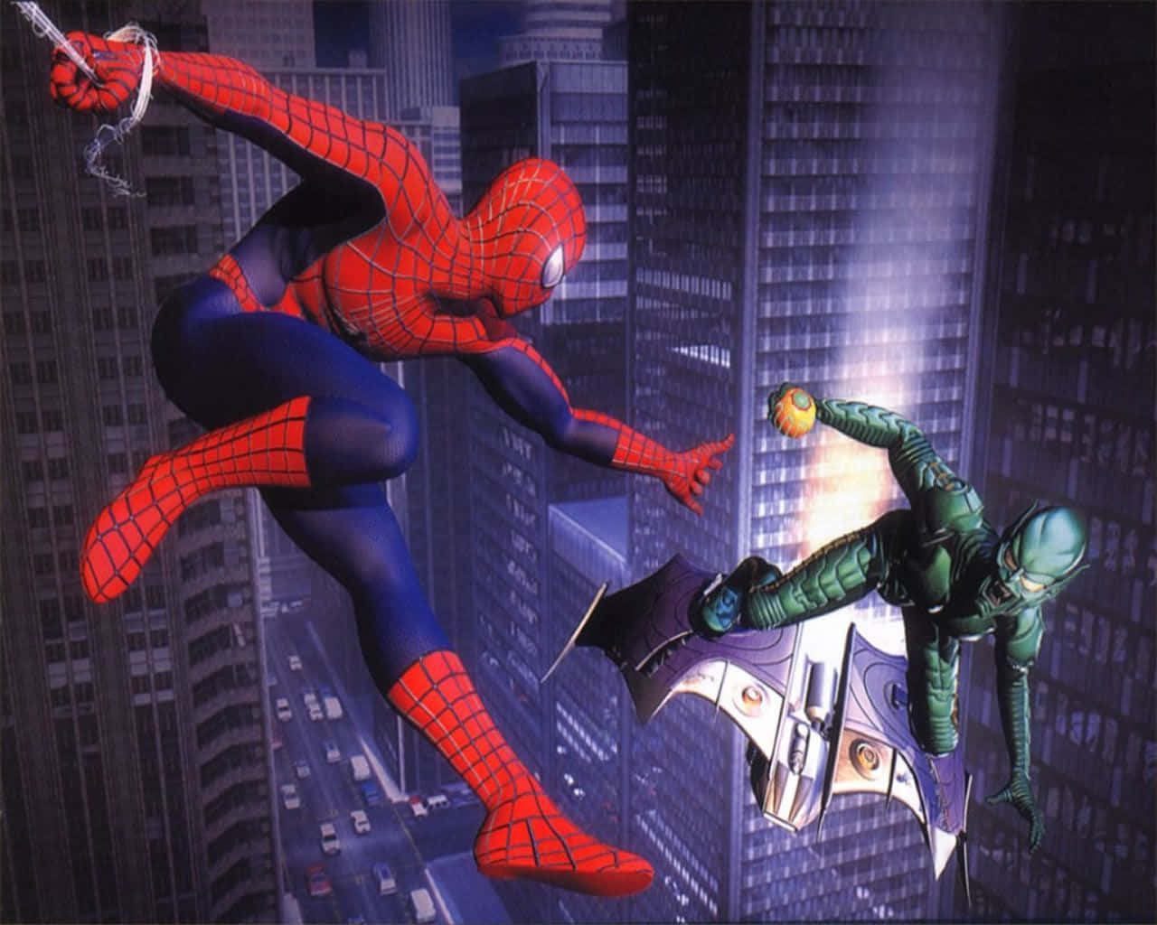 Norman Osborn 桌布 壁紙 — 蜘蛛人在夜晚穿過霓虹燈照亮的城市景觀，在半空中與身穿綠色西裝的惡棍戰鬥。