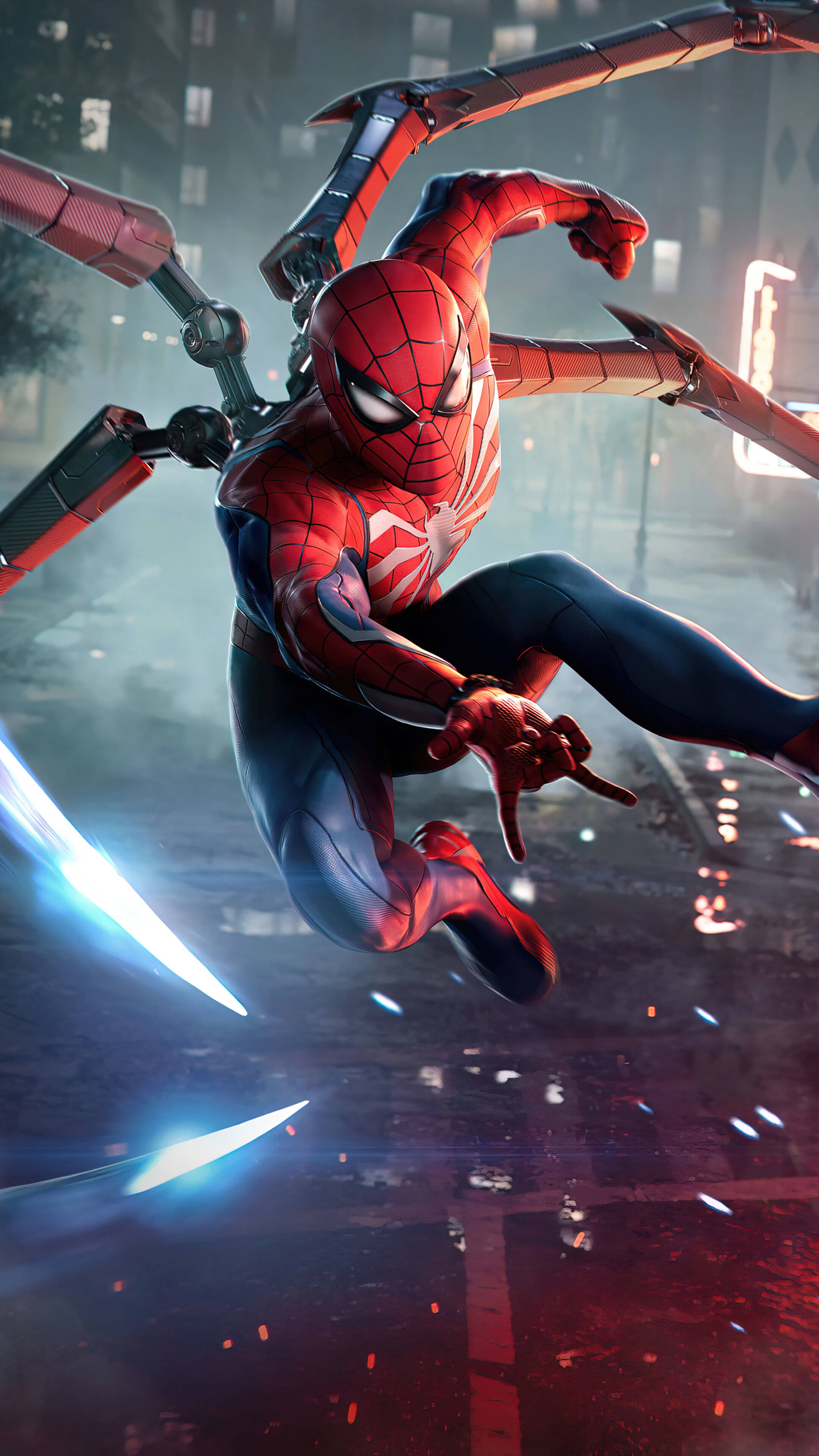 Spider Man No Way Home 桌布 壁紙 — 蜘蛛人在夜晚穿過霓虹燈閃爍的城市景觀，發射蛛網發射器，發光的刀片劃破空氣。