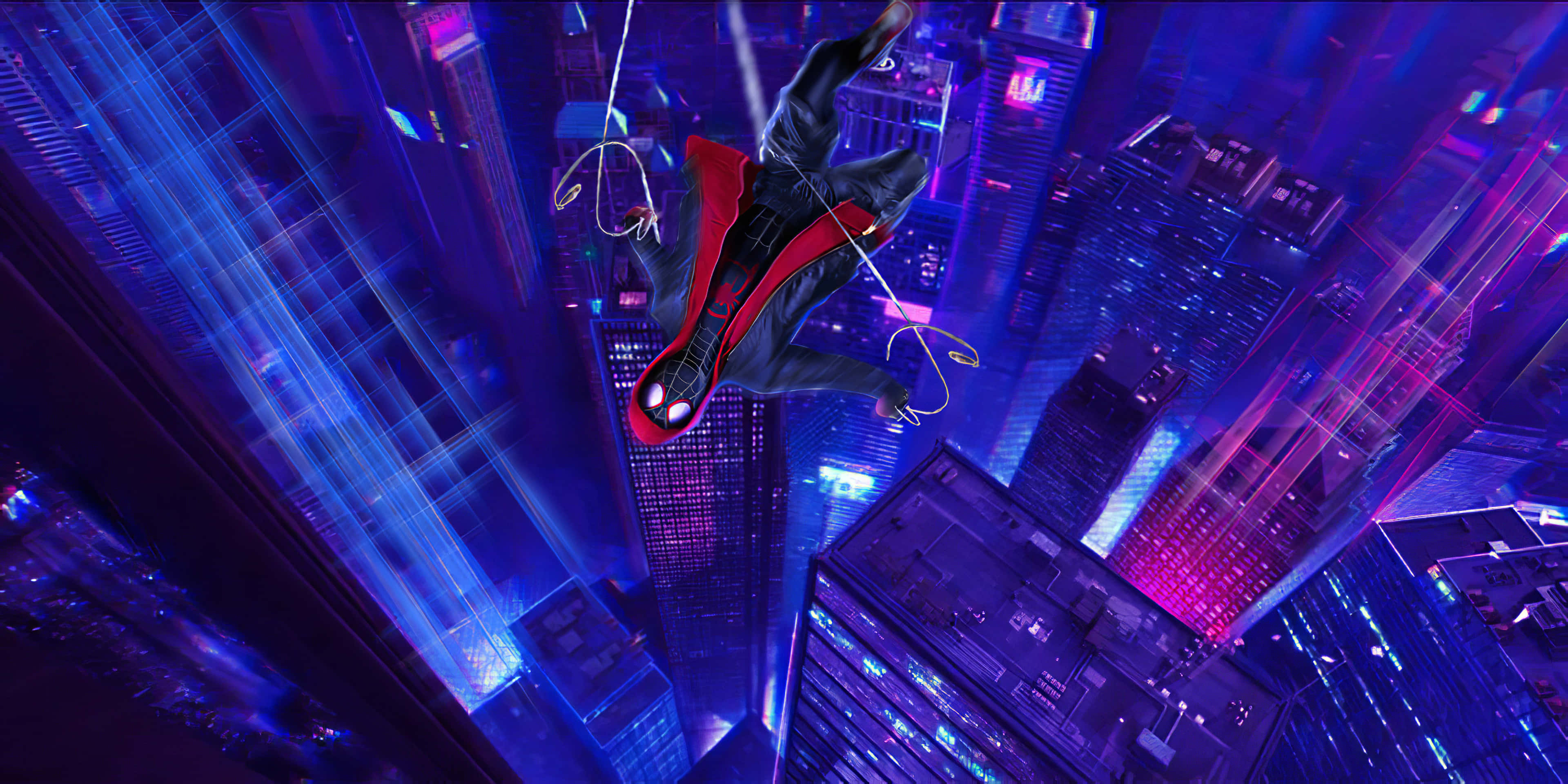 Spider Man 桌布 壁紙 — 蜘蛛人在夜晚穿過霓虹燈閃爍的賽博朋克城市景觀，下方是發光的摩天大樓。
