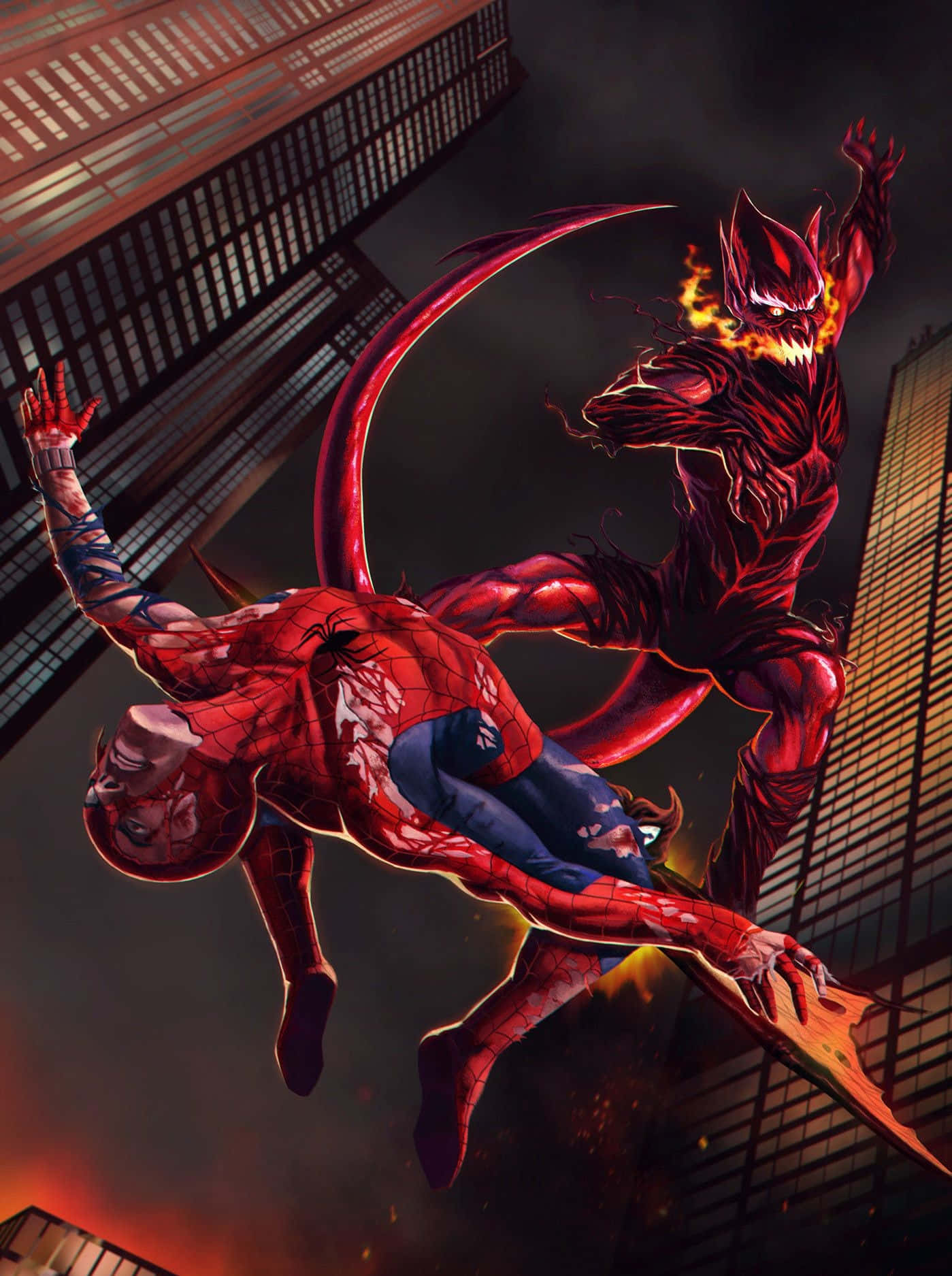 Norman Osborn 桌布 壁紙 — 蜘蛛人在夜晚高聳的城市建築中與一條彎曲尾巴的火紅惡魔戰鬥。