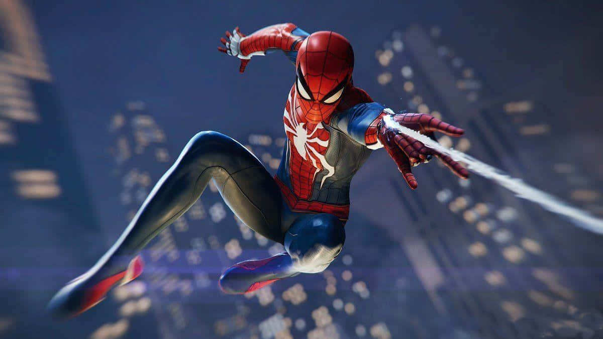 蜘蛛人在夜間穿過城市景觀，身後拖著蛛網線。 — Ps4 壁紙