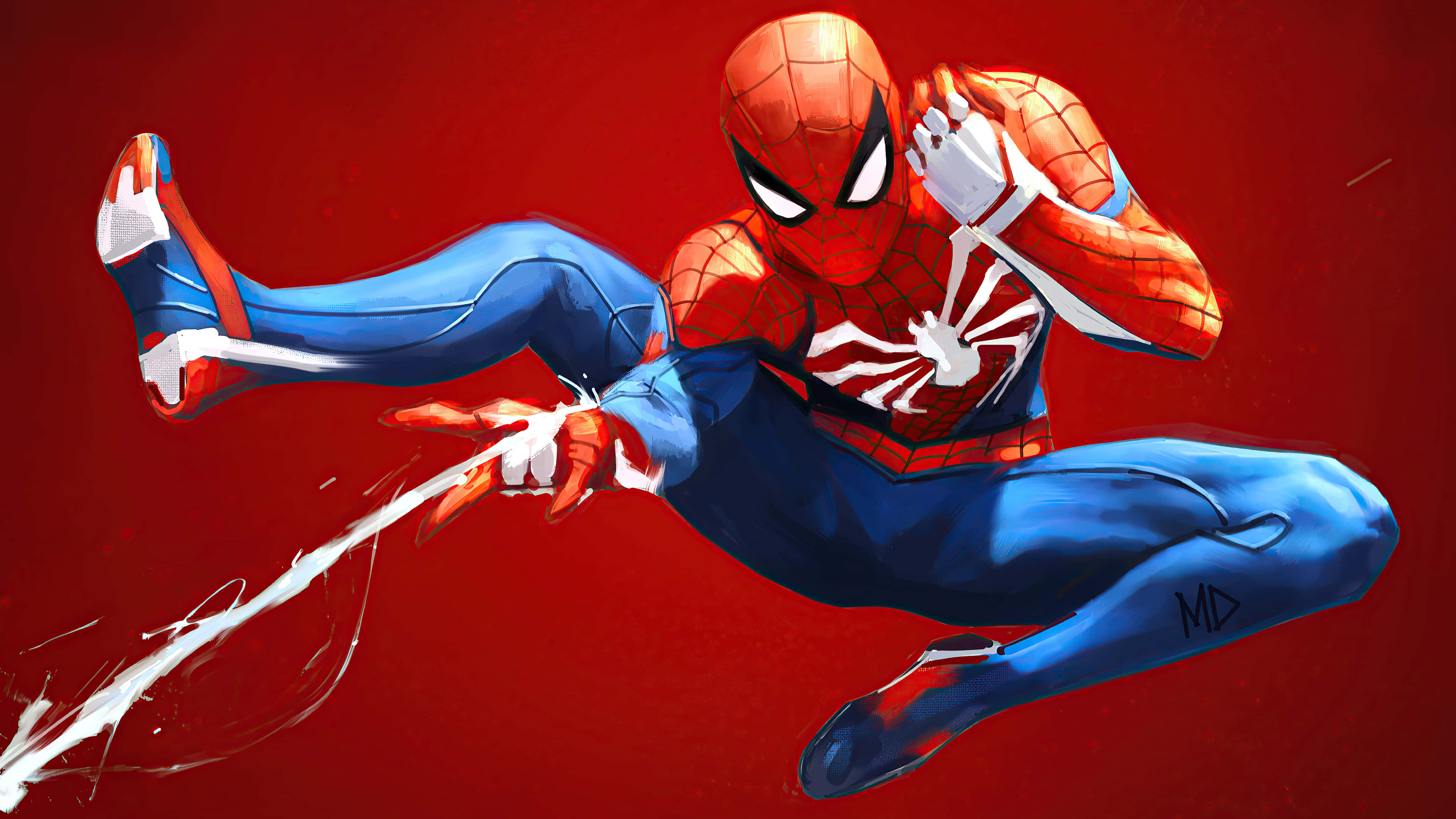 Spider-man Web Shooter 桌布 壁紙 — 蜘蛛人在大膽的紅色背景上動態擺盪，手中拖出白色蛛網。