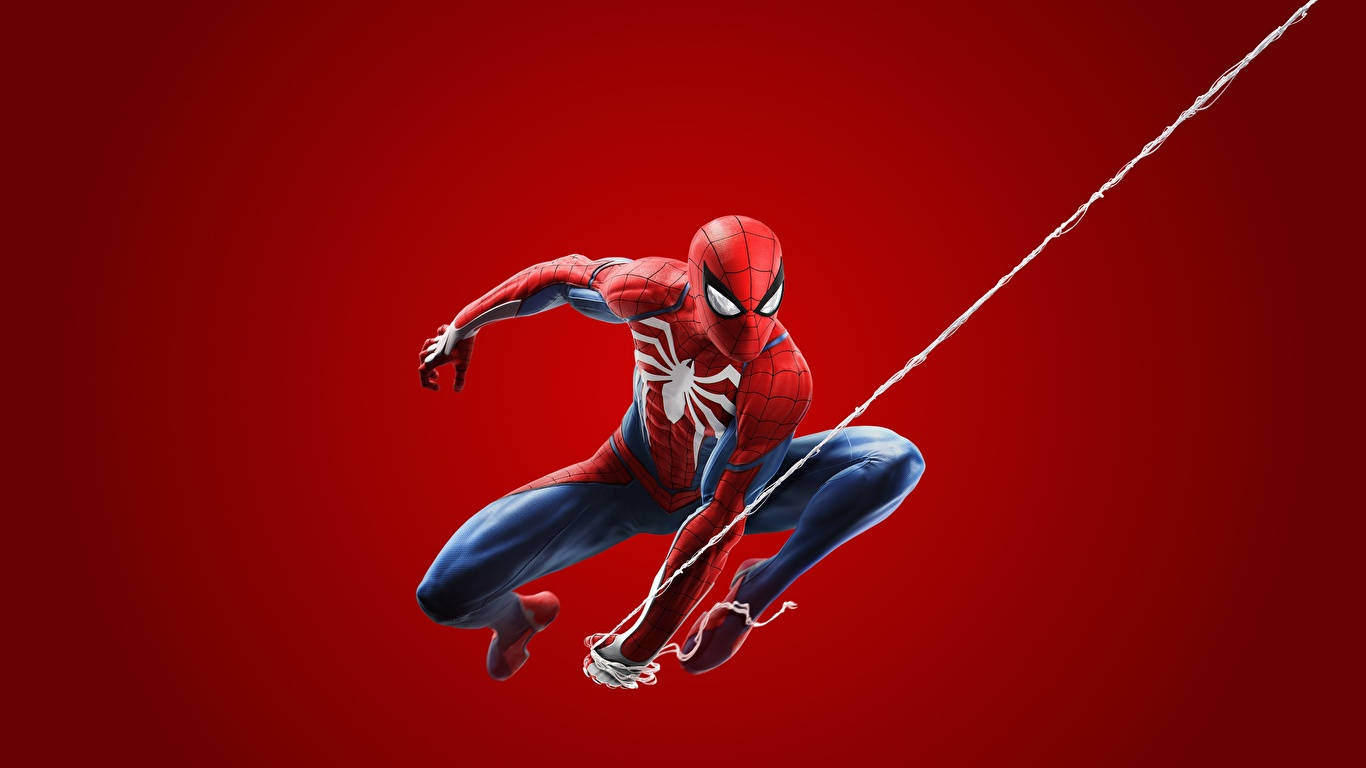 Spiderman 1366x768 桌布 壁紙 — 蜘蛛人在大膽的紅色背景下動態擺盪，身後拖著蜘蛛網。