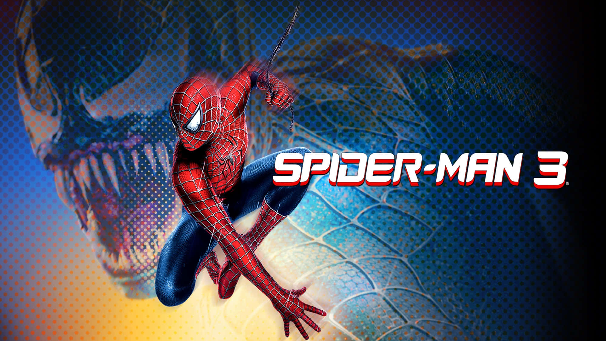 Spider Man 3 桌布 壁紙 — 蜘蛛人在帶有發光眼睛和蜘蛛網圖案的威脅性猛毒背景下動態擺盪。
