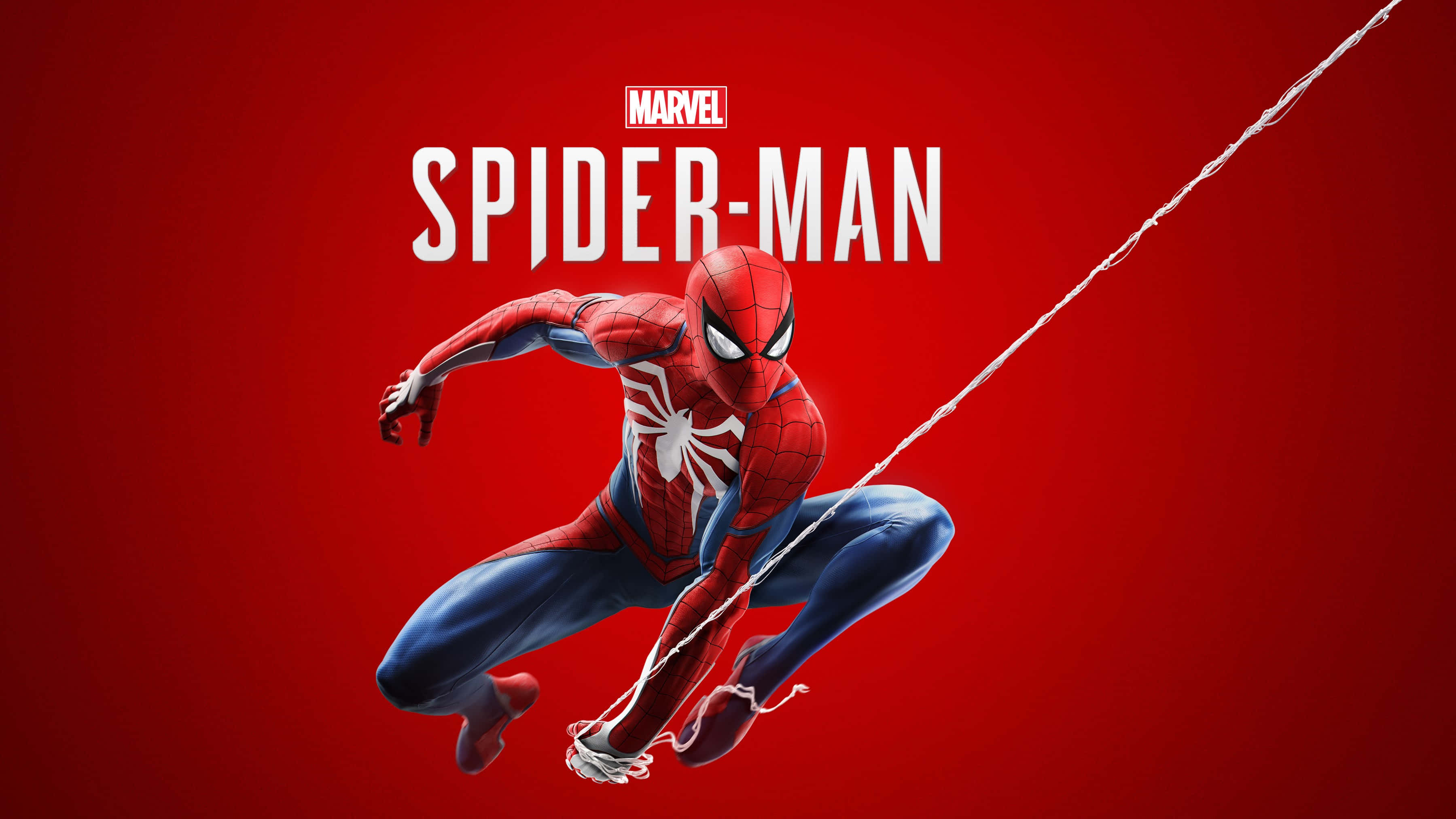 Spiderman Face 桌布 壁紙 — 蜘蛛人在帶有白色蜘蛛網線條和遊戲標題文字的醒目紅色背景上動態擺盪。