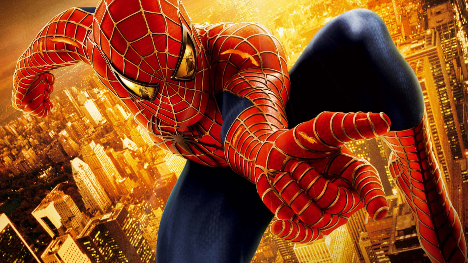 Spider Man 2 桌布 壁紙 — 蜘蛛人在日落時分動態地擺盪在金黃色的城市天際線之上，下方的建築物溫暖地發光。